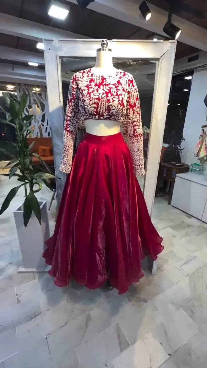 Royal Crimson Embroidered Lehenga Set for Wedding and Festive Wear