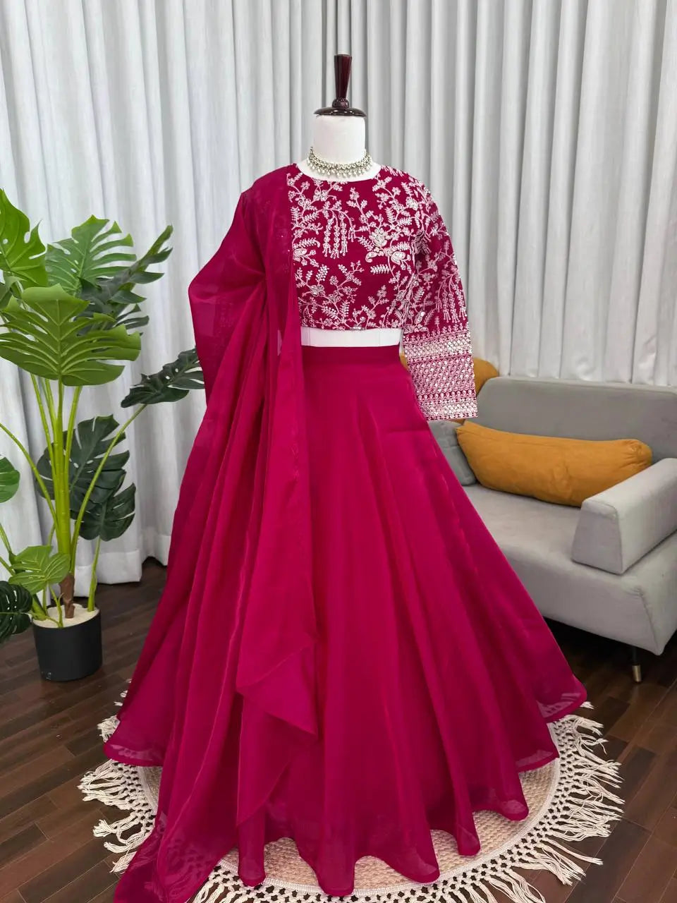 Royal Crimson Embroidered Lehenga Set for Wedding and Festive Wear