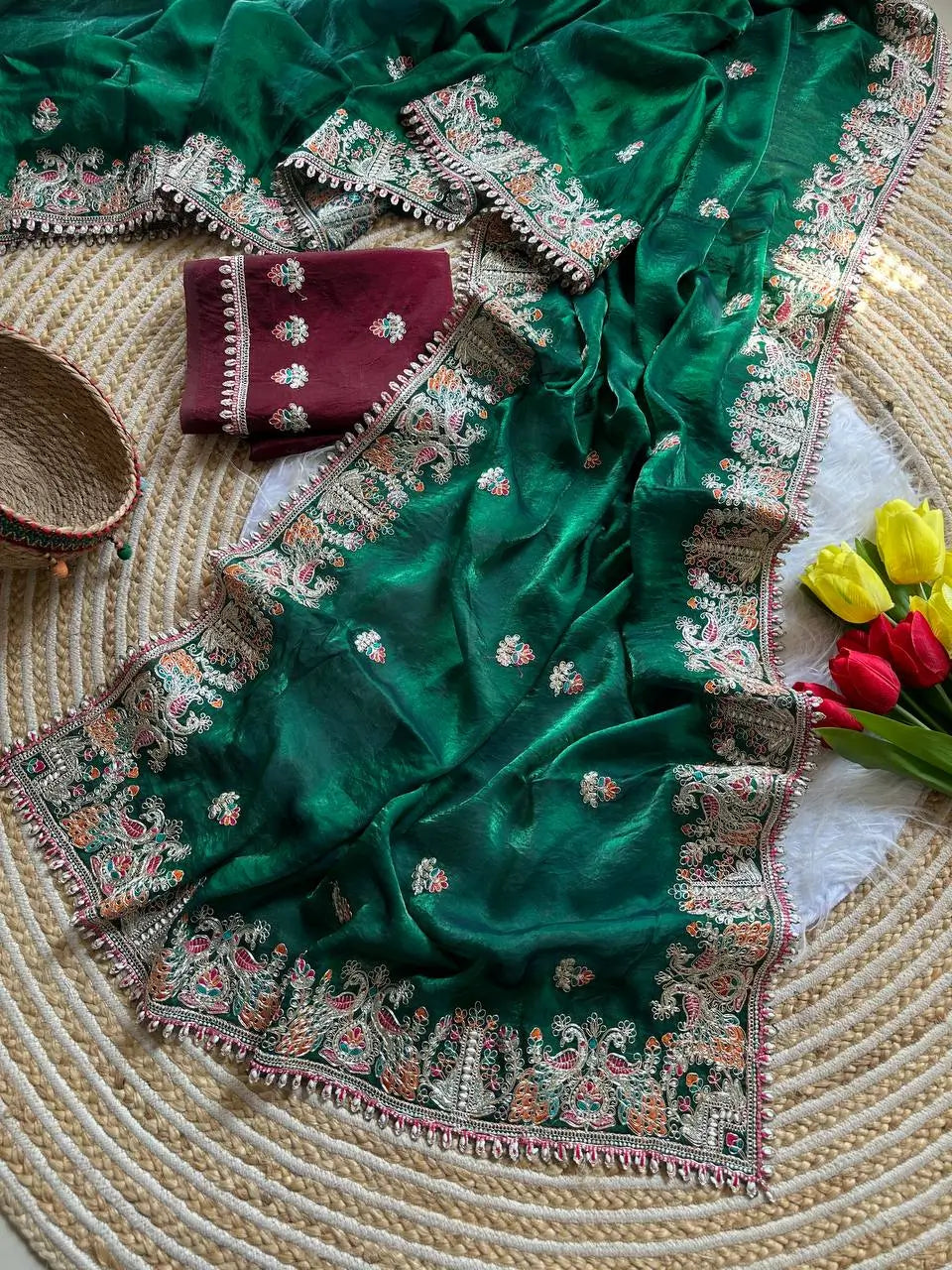 Royal Embroidered Satin Silk Saree Collection