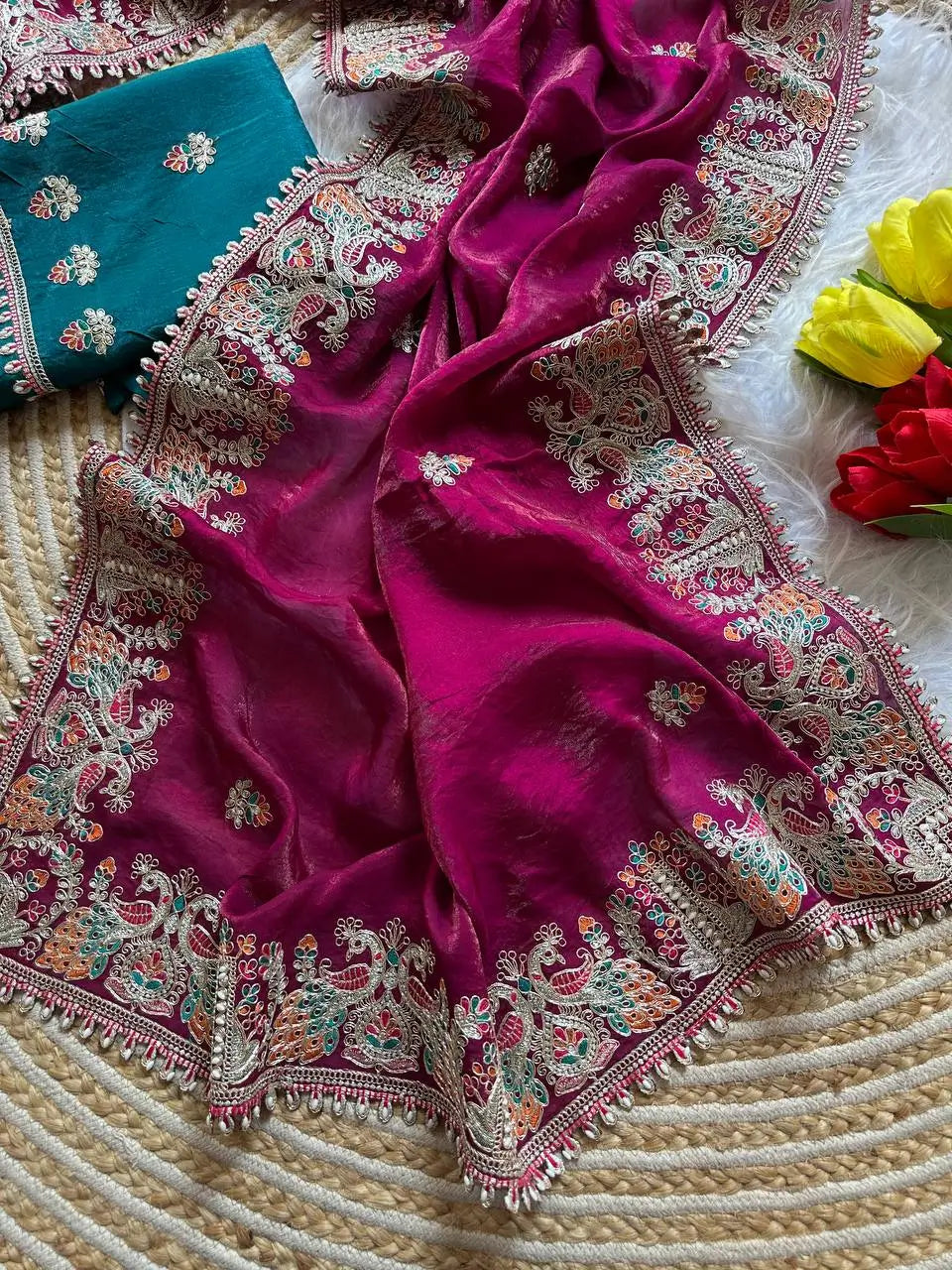 Royal Embroidered Satin Silk Saree Collection