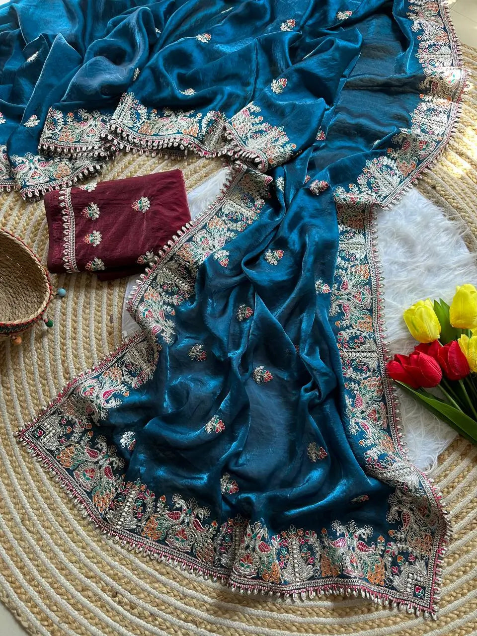Royal Embroidered Satin Silk Saree Collection