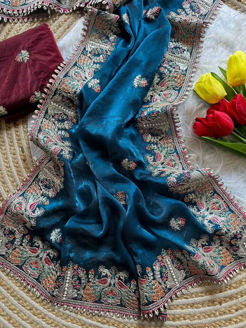 Royal Embroidered Satin Silk Saree Collection