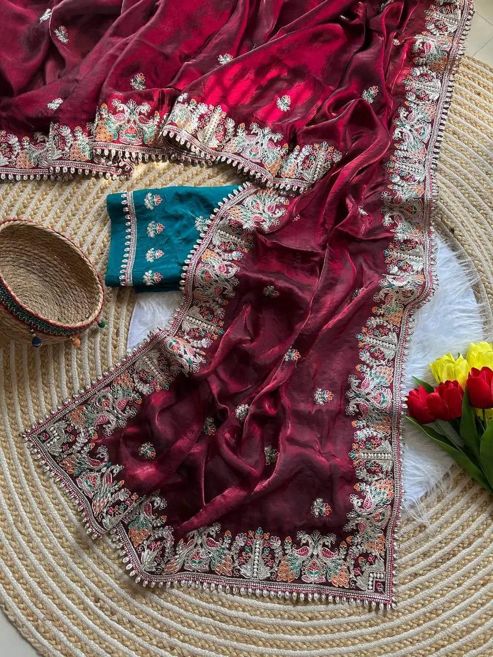 Royal Embroidered Satin Silk Saree Collection