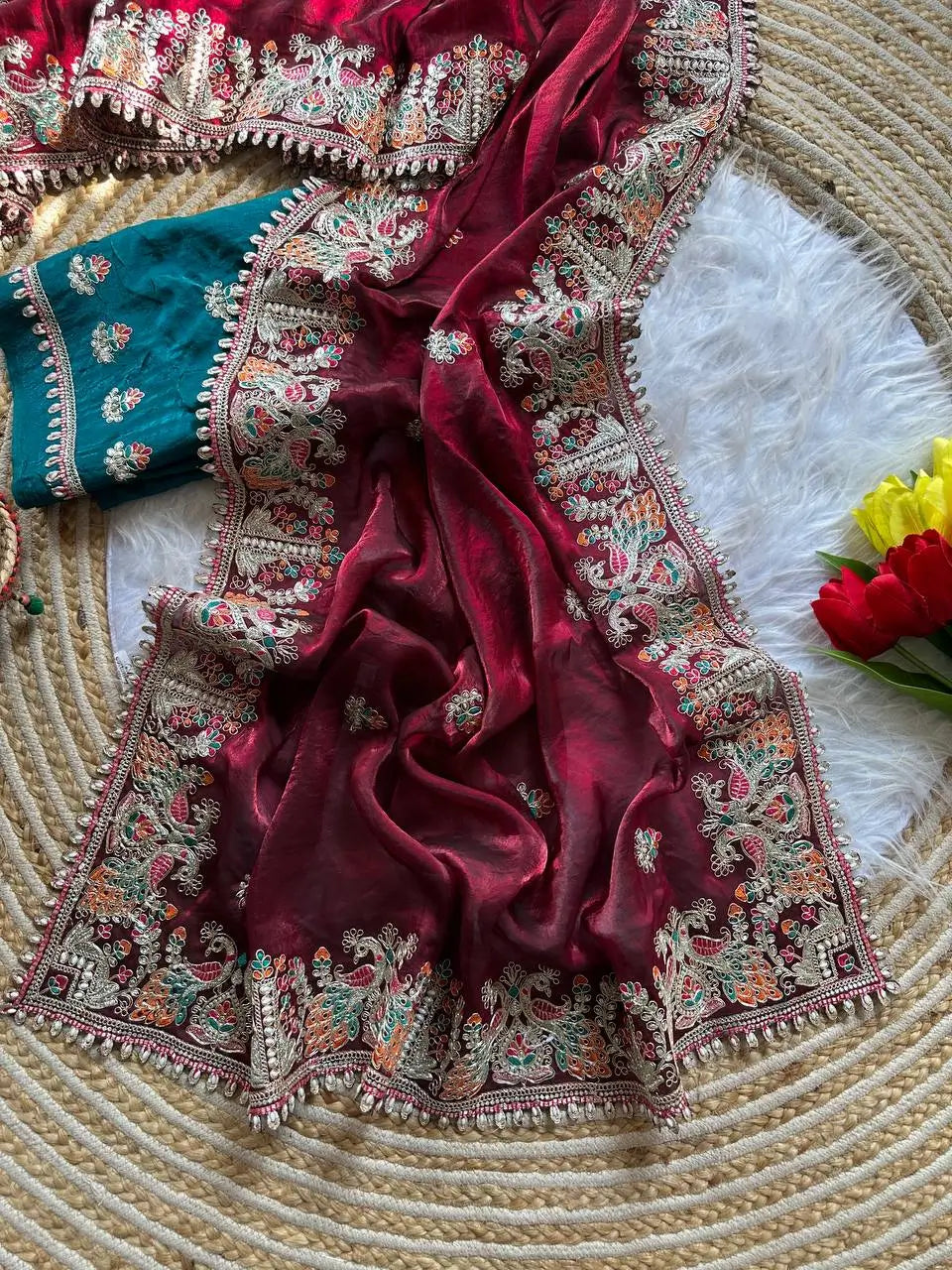 Royal Embroidered Satin Silk Saree Collection