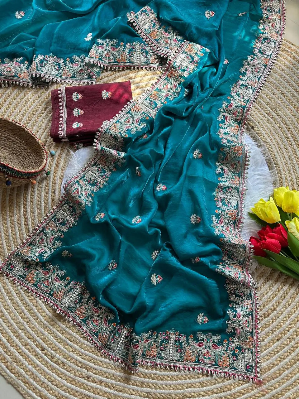 Royal Embroidered Satin Silk Saree Collection