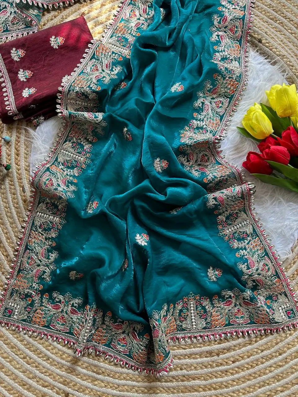 Royal Embroidered Satin Silk Saree Collection