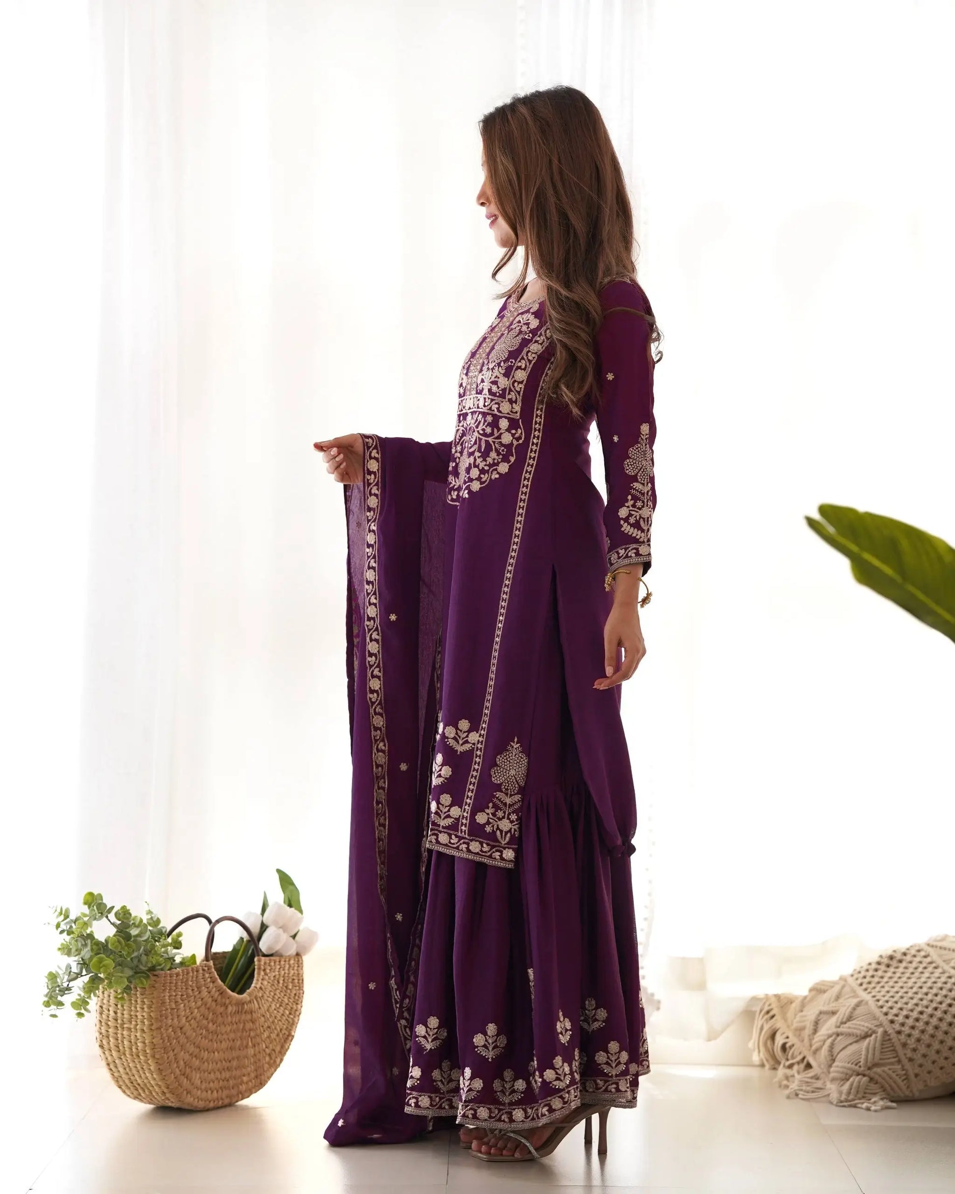 Royal Festive Embroidered Chinon Silk Kurta Sharara Set for Wedding and Celebration Wear