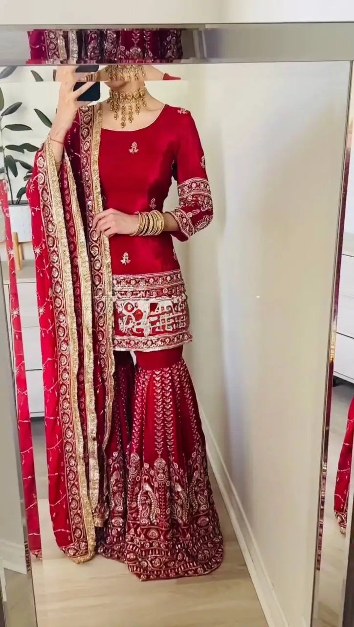 Royal Festive Embroidered Chinon Silk Kurta Sharara Set for Wedding and Celebration Wear