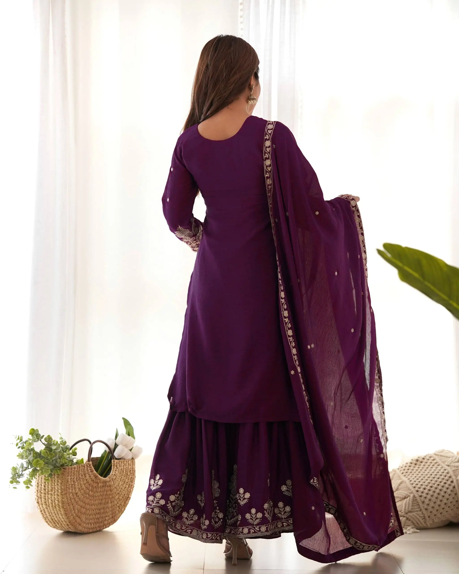 Royal Festive Embroidered Chinon Silk Kurta Sharara Set for Wedding and Celebration Wear