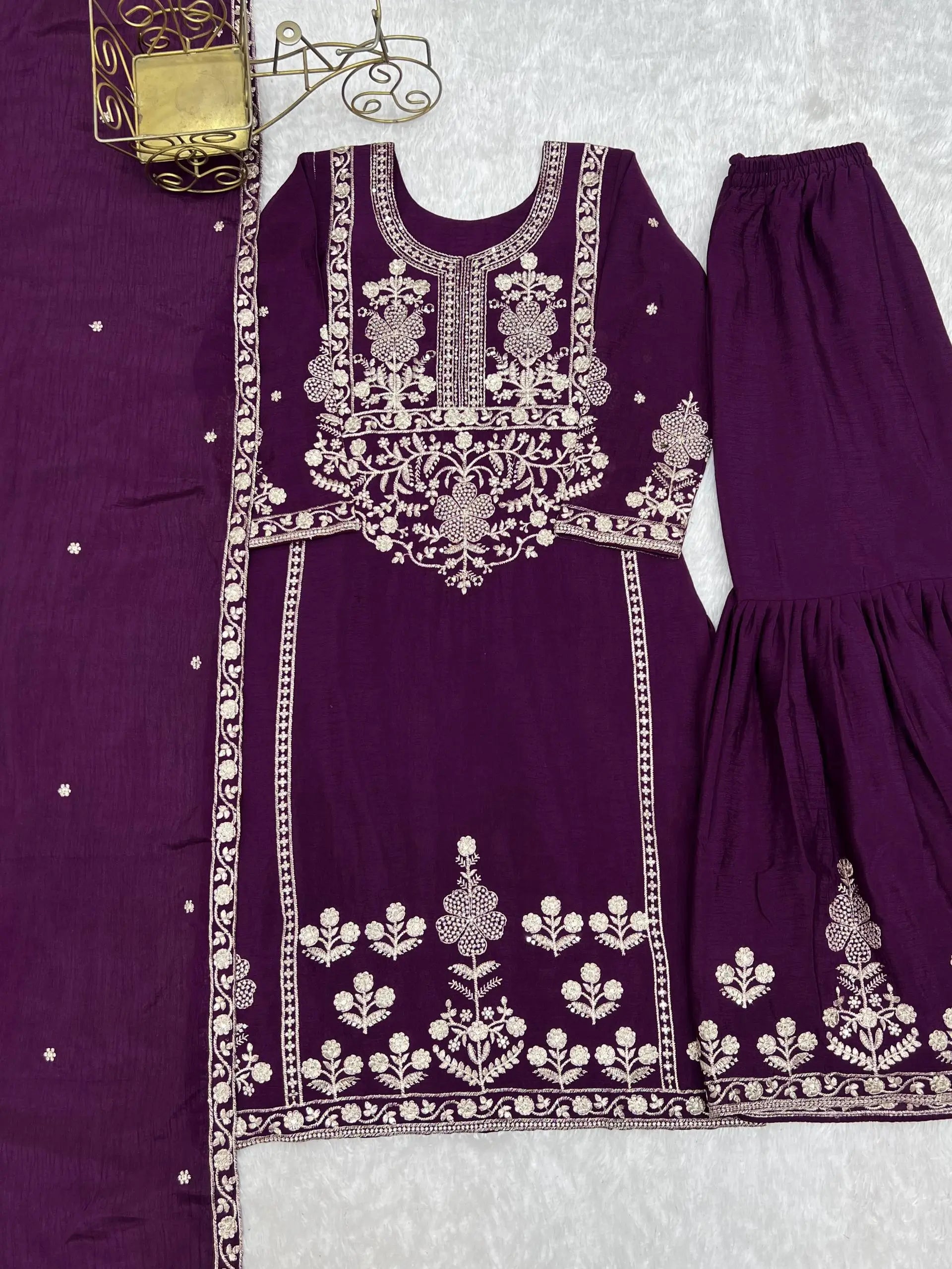 Royal Festive Embroidered Chinon Silk Kurta Sharara Set for Wedding and Celebration Wear