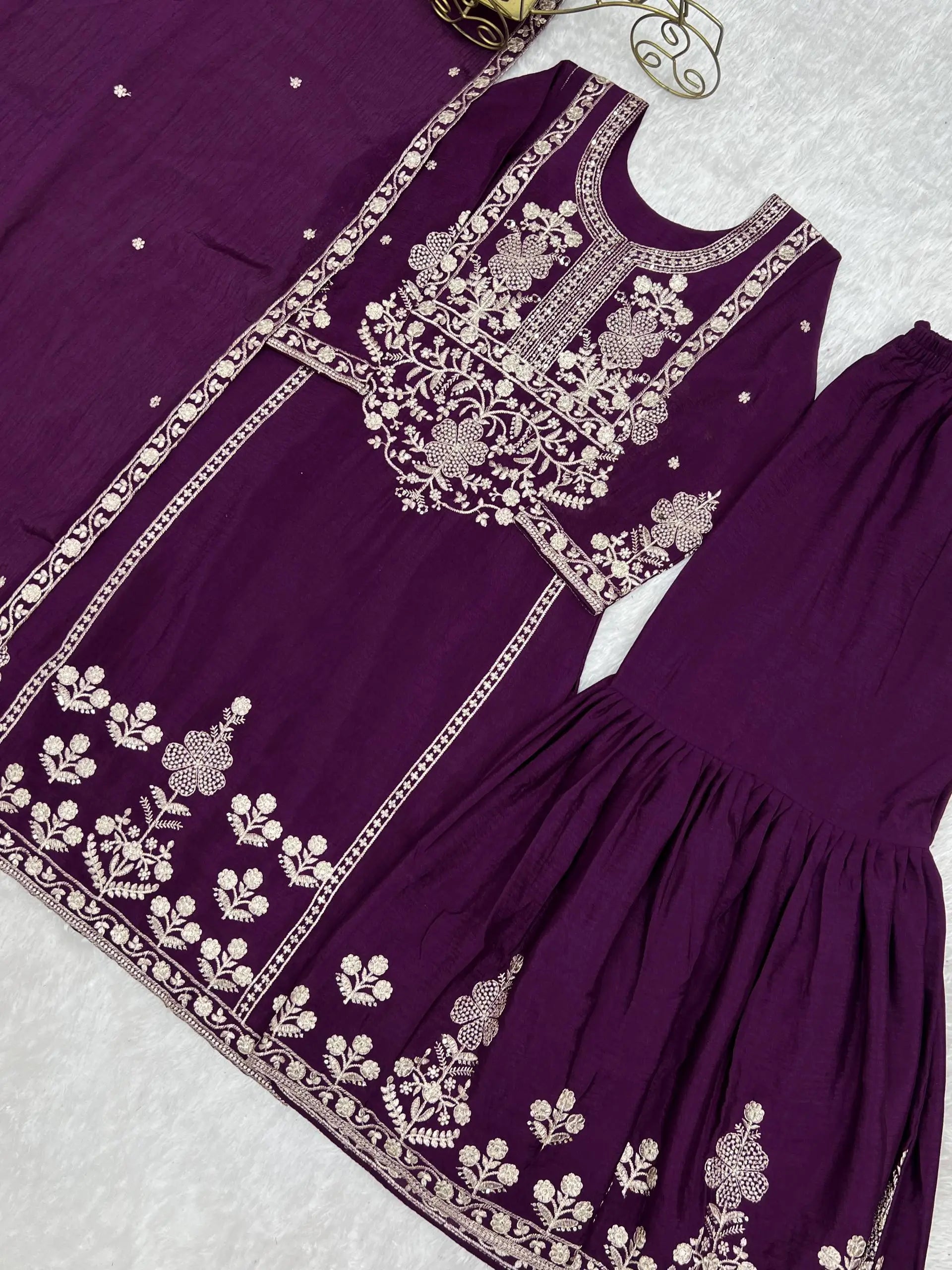Royal Festive Embroidered Chinon Silk Kurta Sharara Set for Wedding and Celebration Wear