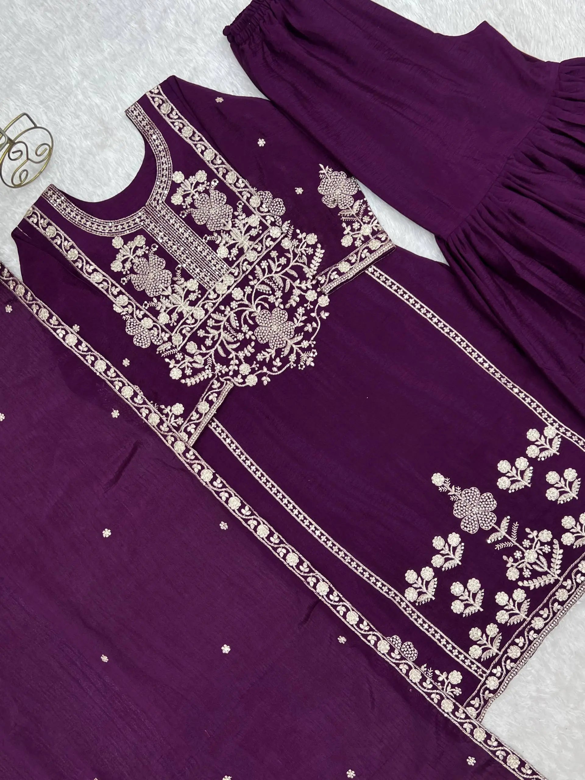 Royal Festive Embroidered Chinon Silk Kurta Sharara Set for Wedding and Celebration Wear