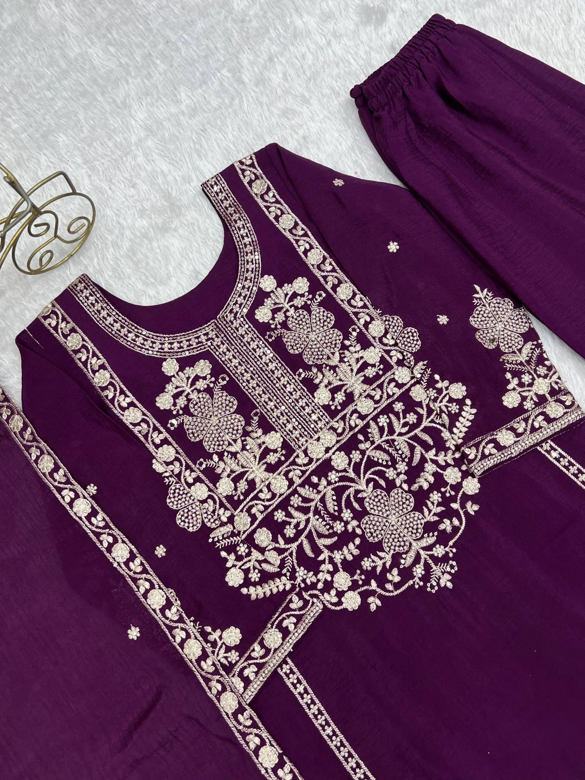 Royal Festive Embroidered Chinon Silk Kurta Sharara Set for Wedding and Celebration Wear
