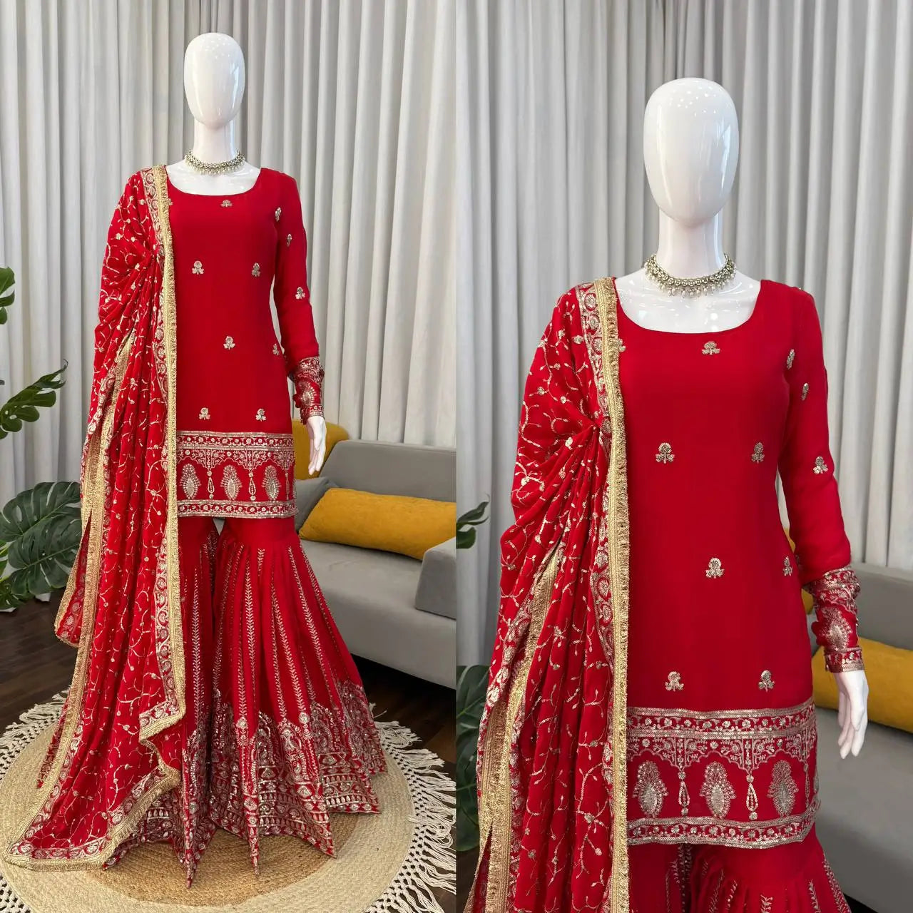 Royal Festive Embroidered Chinon Silk Kurta Sharara Set for Wedding and Celebration Wear