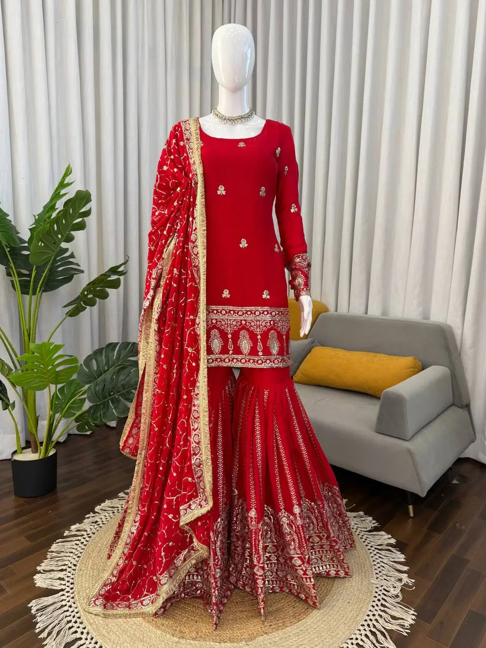 Royal Festive Embroidered Chinon Silk Kurta Sharara Set for Wedding and Celebration Wear