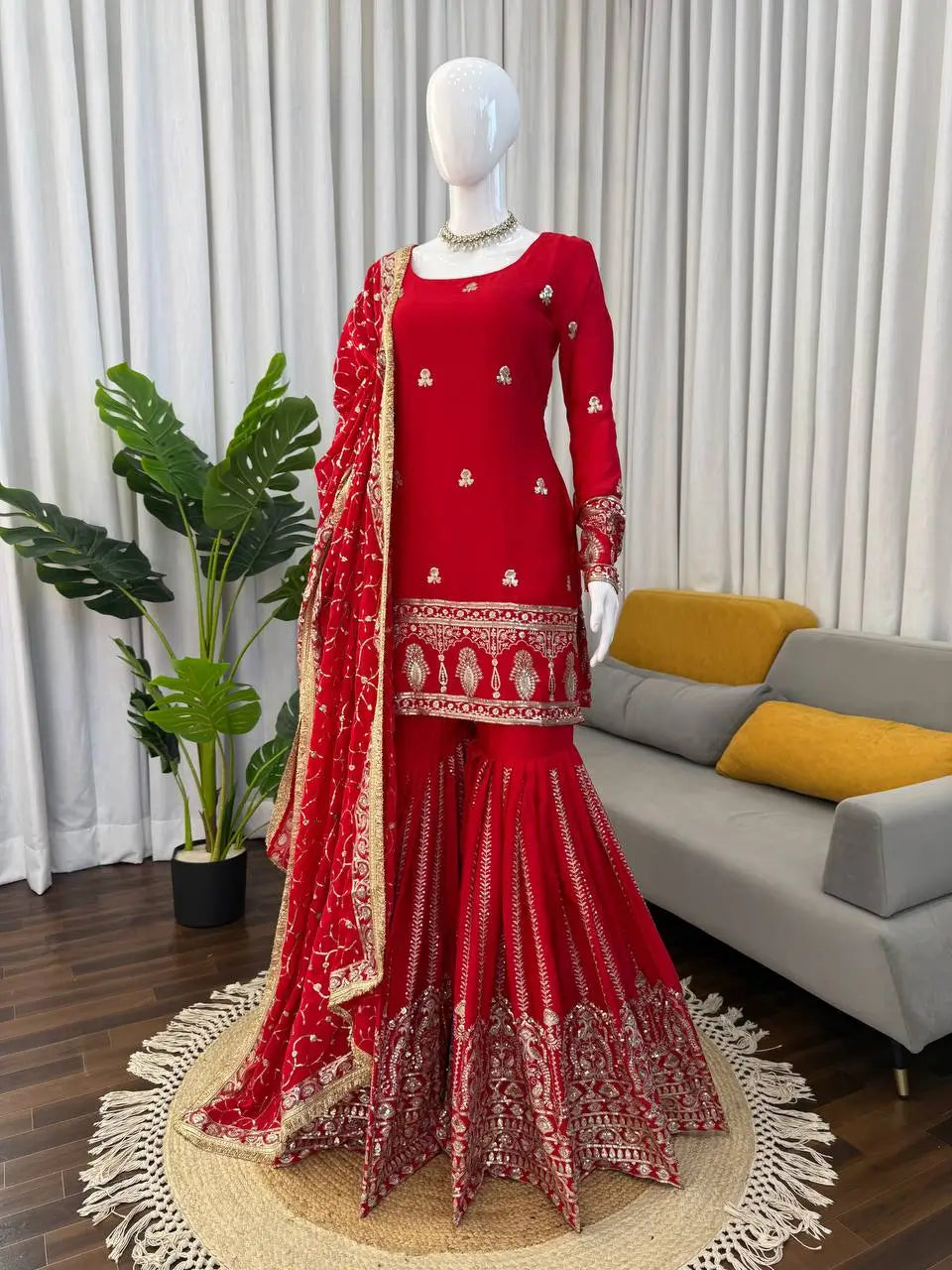 Royal Festive Embroidered Chinon Silk Kurta Sharara Set for Wedding and Celebration Wear