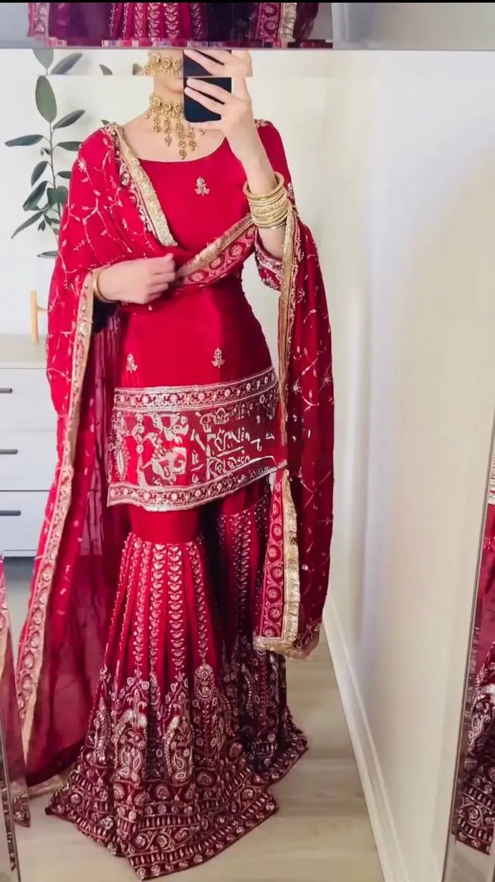Royal Festive Embroidered Chinon Silk Kurta Sharara Set for Wedding and Celebration Wear
