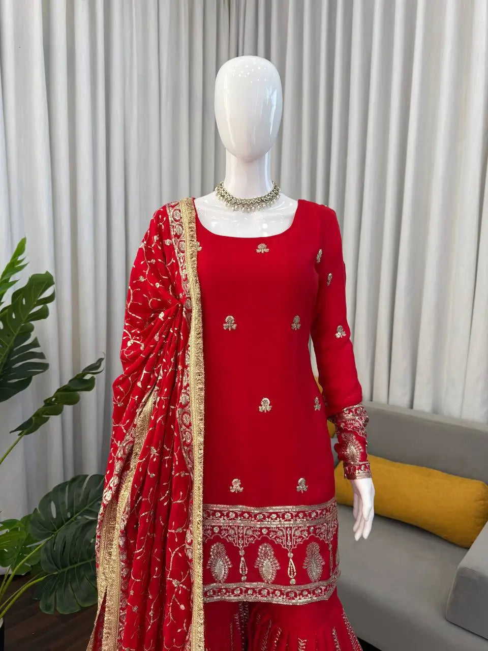 Royal Festive Embroidered Chinon Silk Kurta Sharara Set for Wedding and Celebration Wear