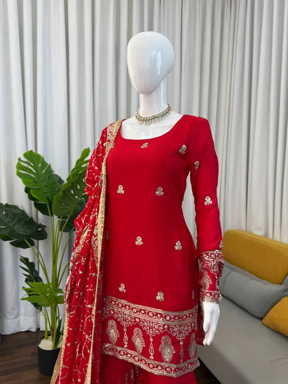 Royal Festive Embroidered Chinon Silk Kurta Sharara Set for Wedding and Celebration Wear