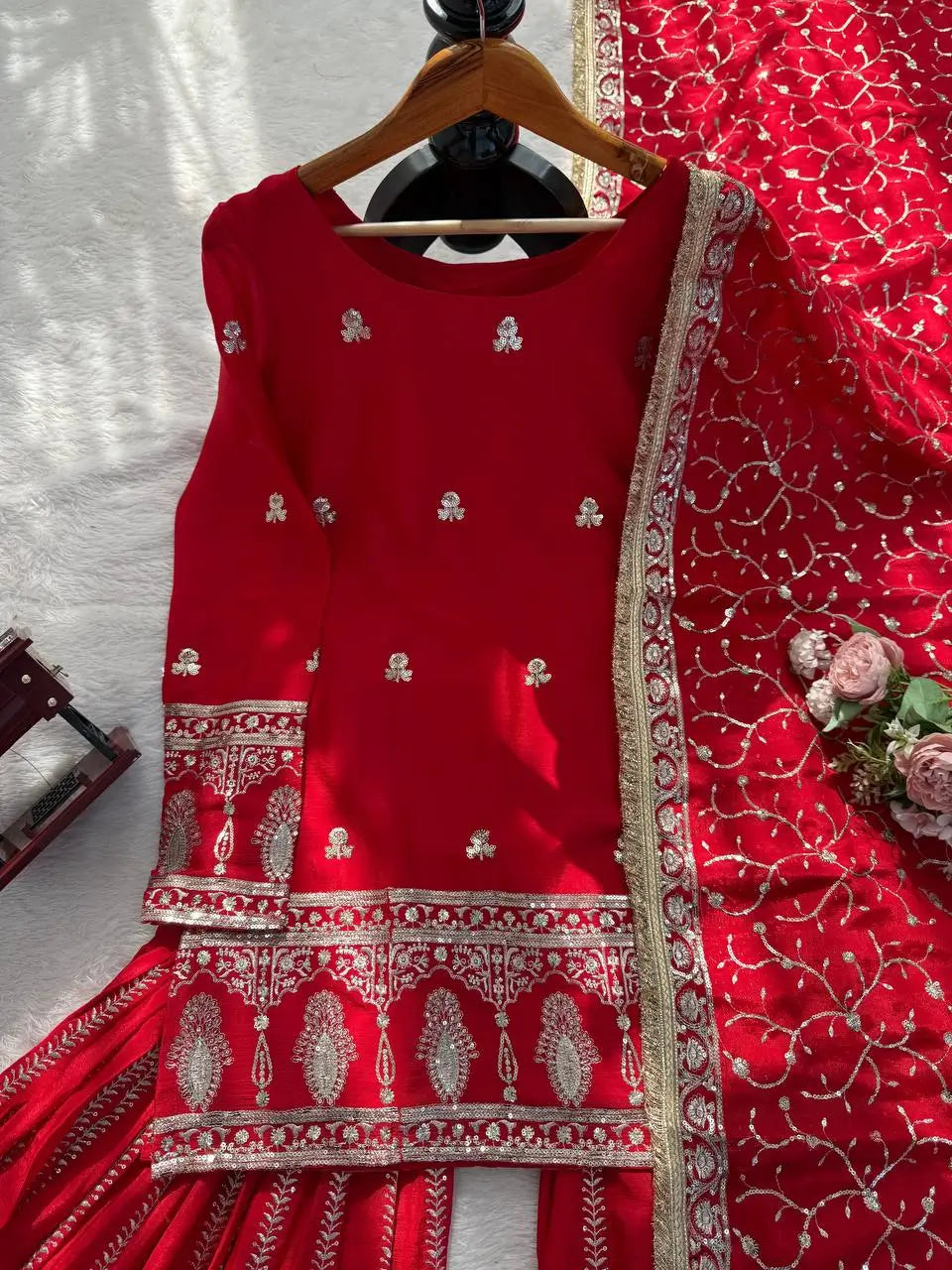 Royal Festive Embroidered Chinon Silk Kurta Sharara Set for Wedding and Celebration Wear