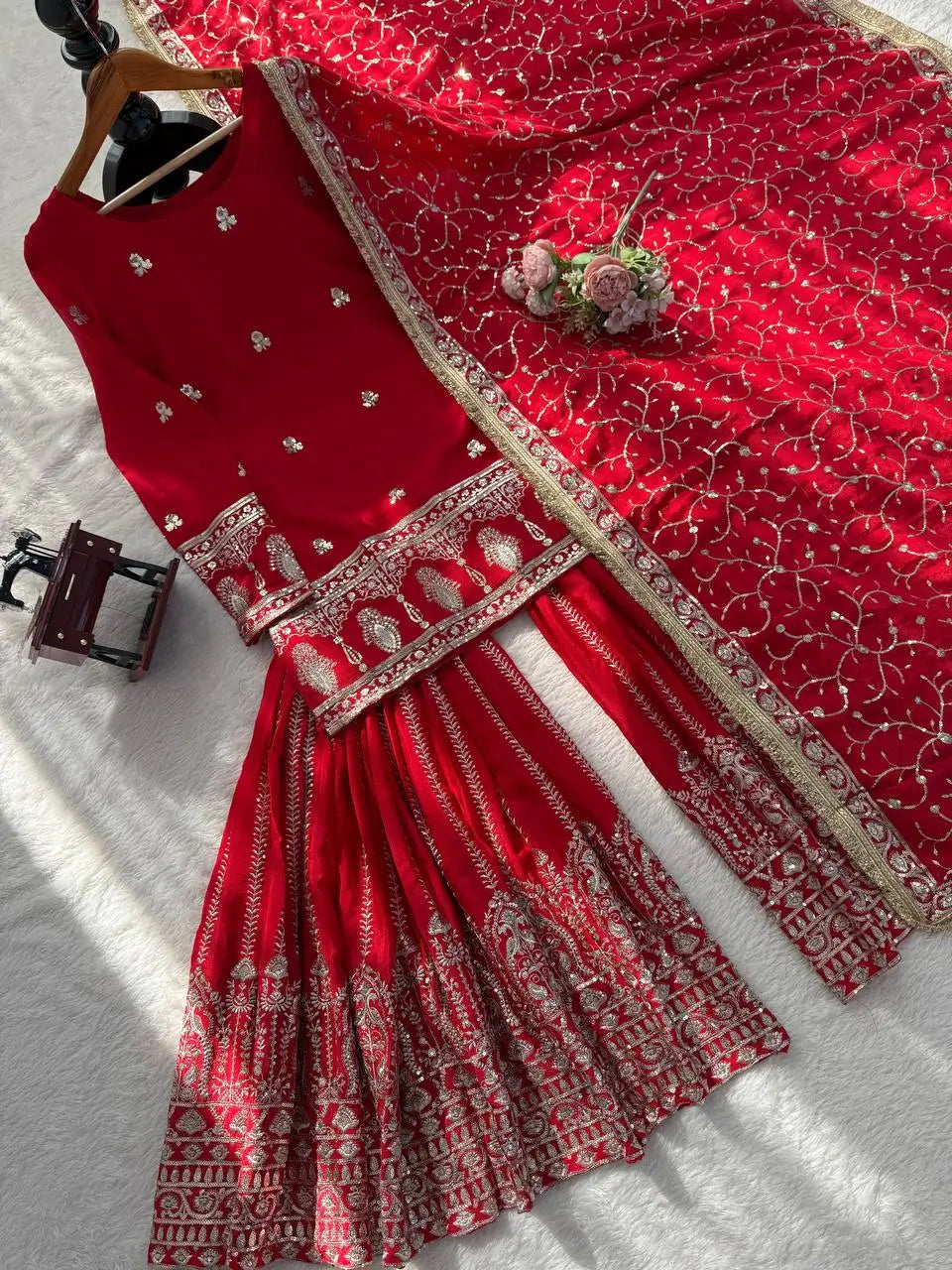 Royal Festive Embroidered Chinon Silk Kurta Sharara Set for Wedding and Celebration Wear