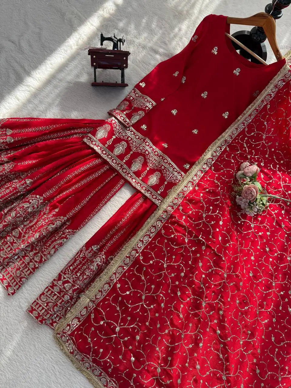 Royal Festive Embroidered Chinon Silk Kurta Sharara Set for Wedding and Celebration Wear