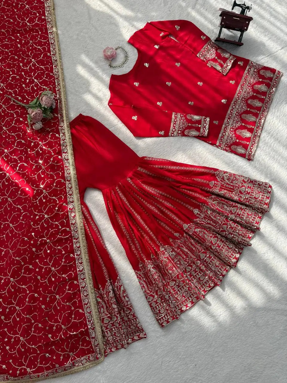 Royal Festive Embroidered Chinon Silk Kurta Sharara Set for Wedding and Celebration Wear