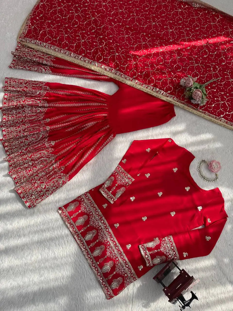 Royal Festive Embroidered Chinon Silk Kurta Sharara Set for Wedding and Celebration Wear