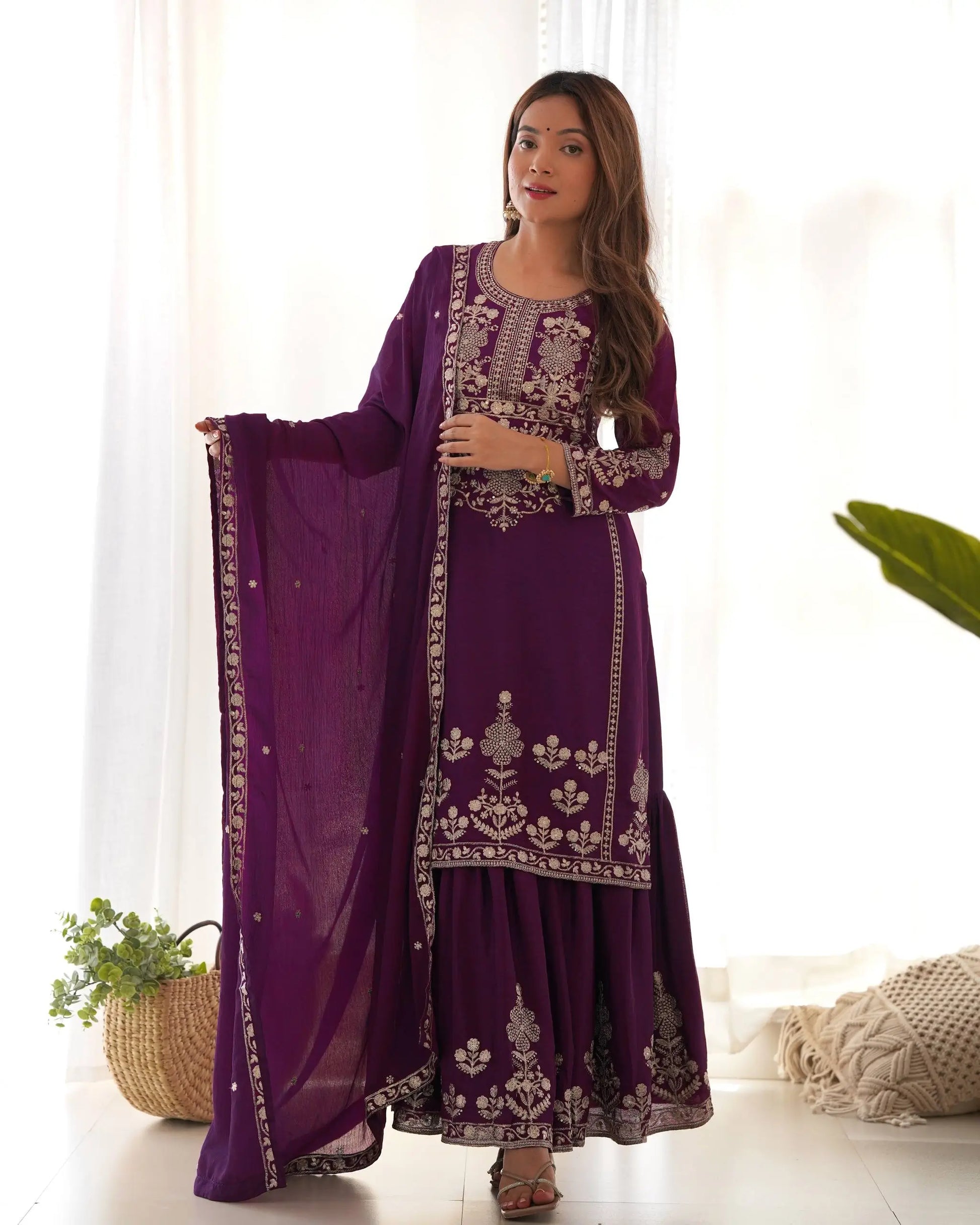 Royal Festive Embroidered Chinon Silk Kurta Sharara Set for Wedding and Celebration Wear