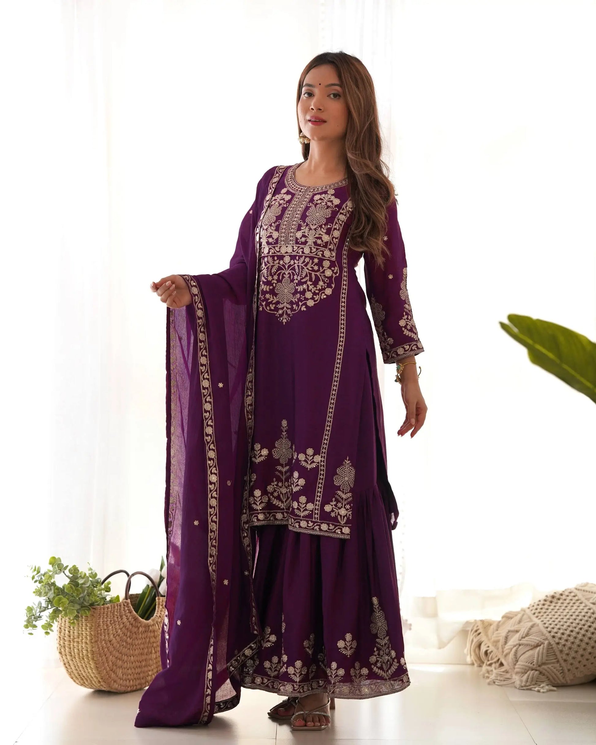 Royal Festive Embroidered Chinon Silk Kurta Sharara Set for Wedding and Celebration Wear