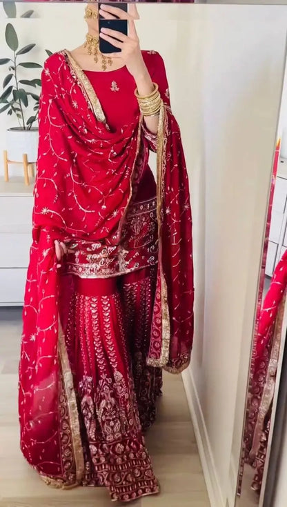 Royal Festive Embroidered Chinon Silk Kurta Sharara Set for Wedding and Celebration Wear