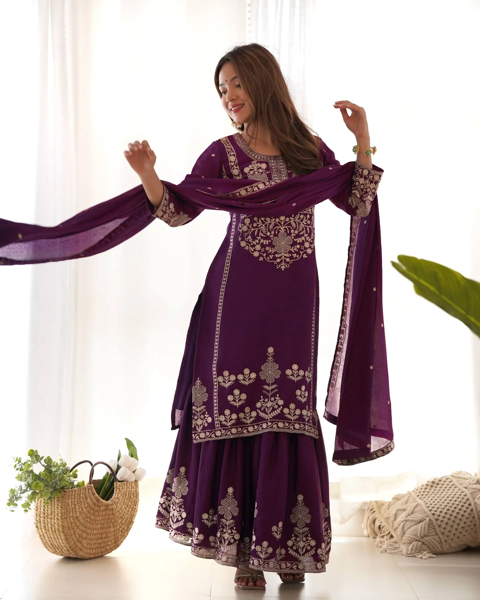 Royal Festive Embroidered Chinon Silk Kurta Sharara Set for Wedding and Celebration Wear