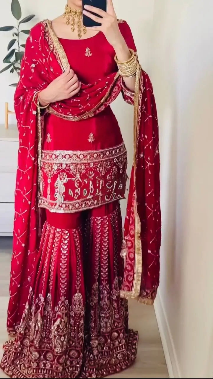 Royal Festive Embroidered Chinon Silk Kurta Sharara Set for Wedding and Celebration Wear