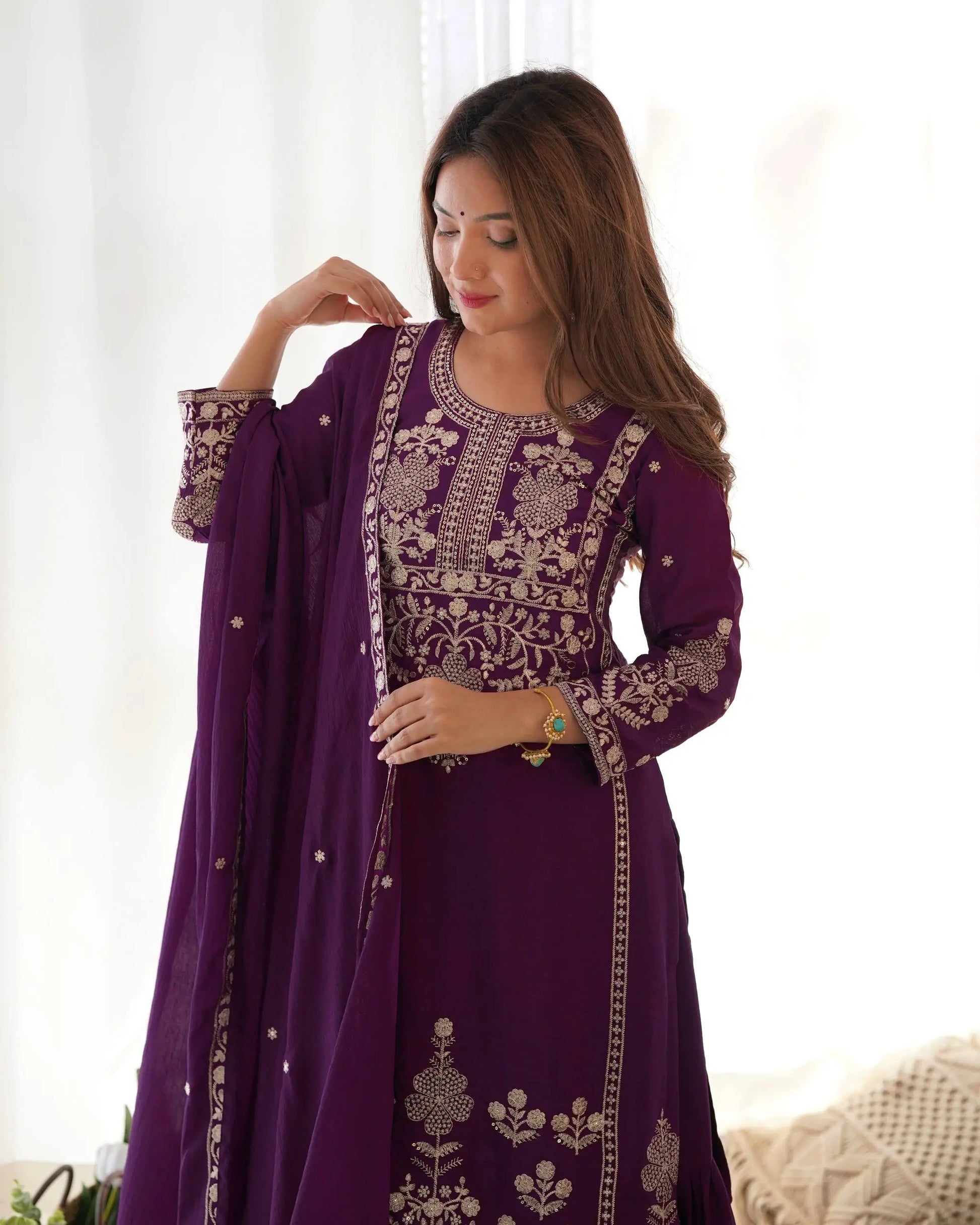 Royal Festive Embroidered Chinon Silk Kurta Sharara Set for Wedding and Celebration Wear