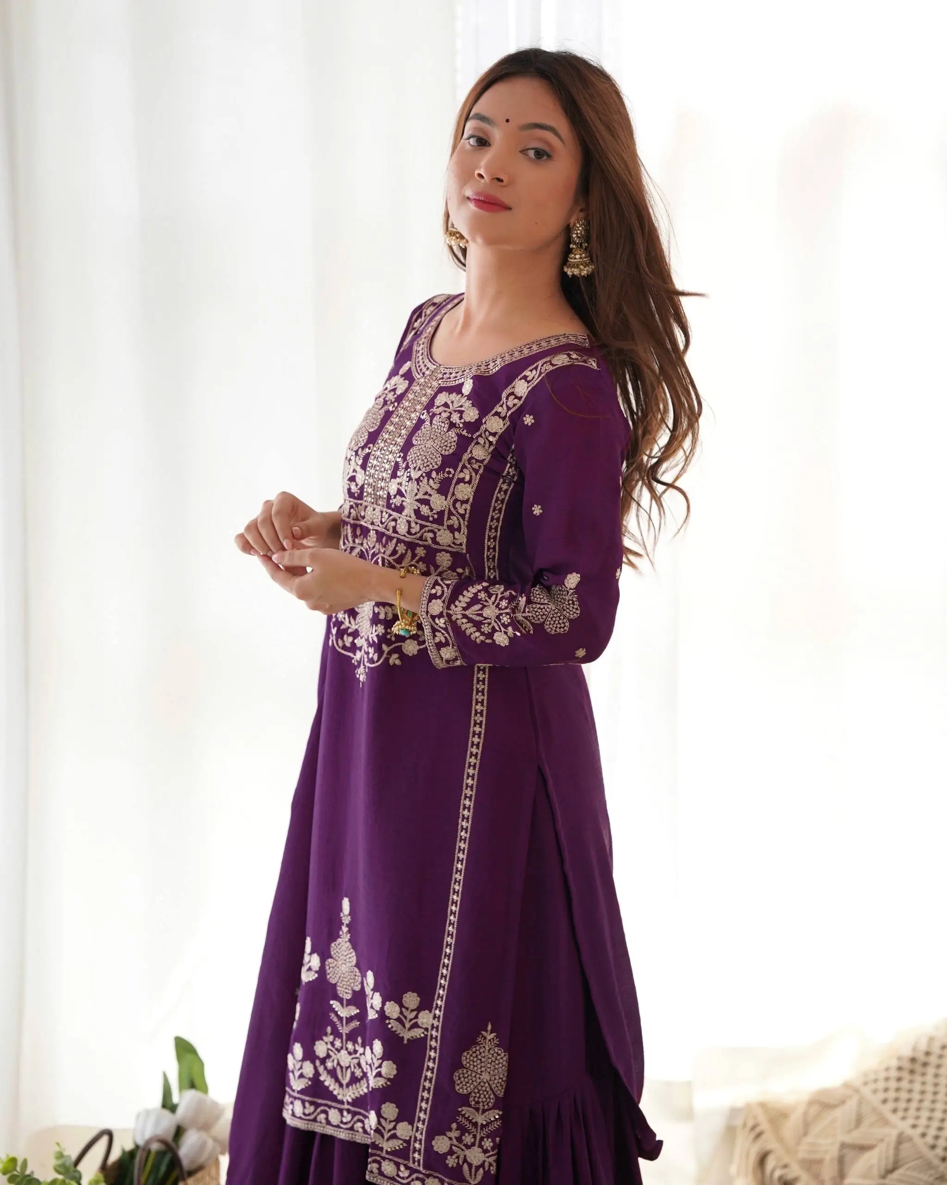 Royal Festive Embroidered Chinon Silk Kurta Sharara Set for Wedding and Celebration Wear