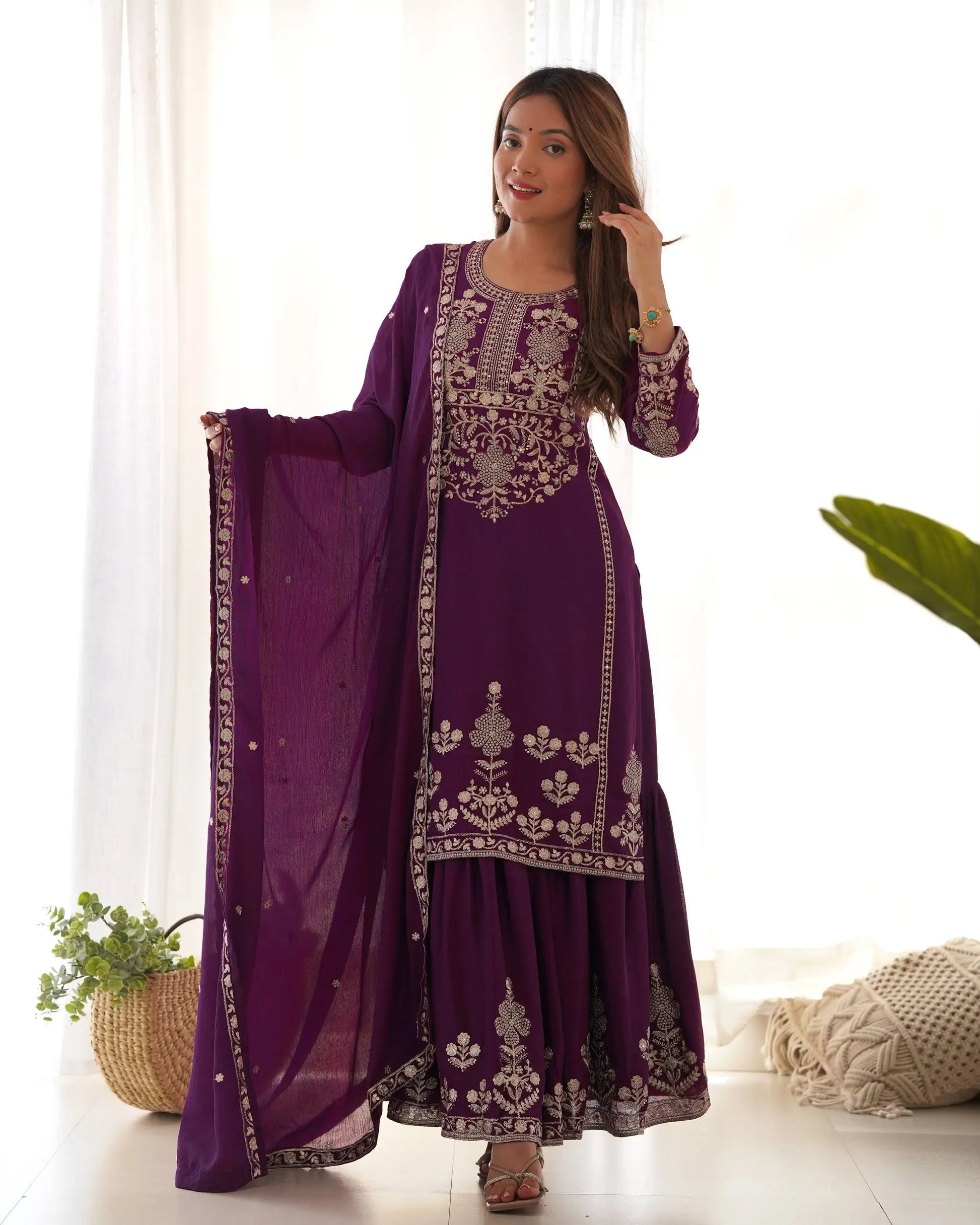 Royal Festive Embroidered Chinon Silk Kurta Sharara Set for Wedding and Celebration Wear