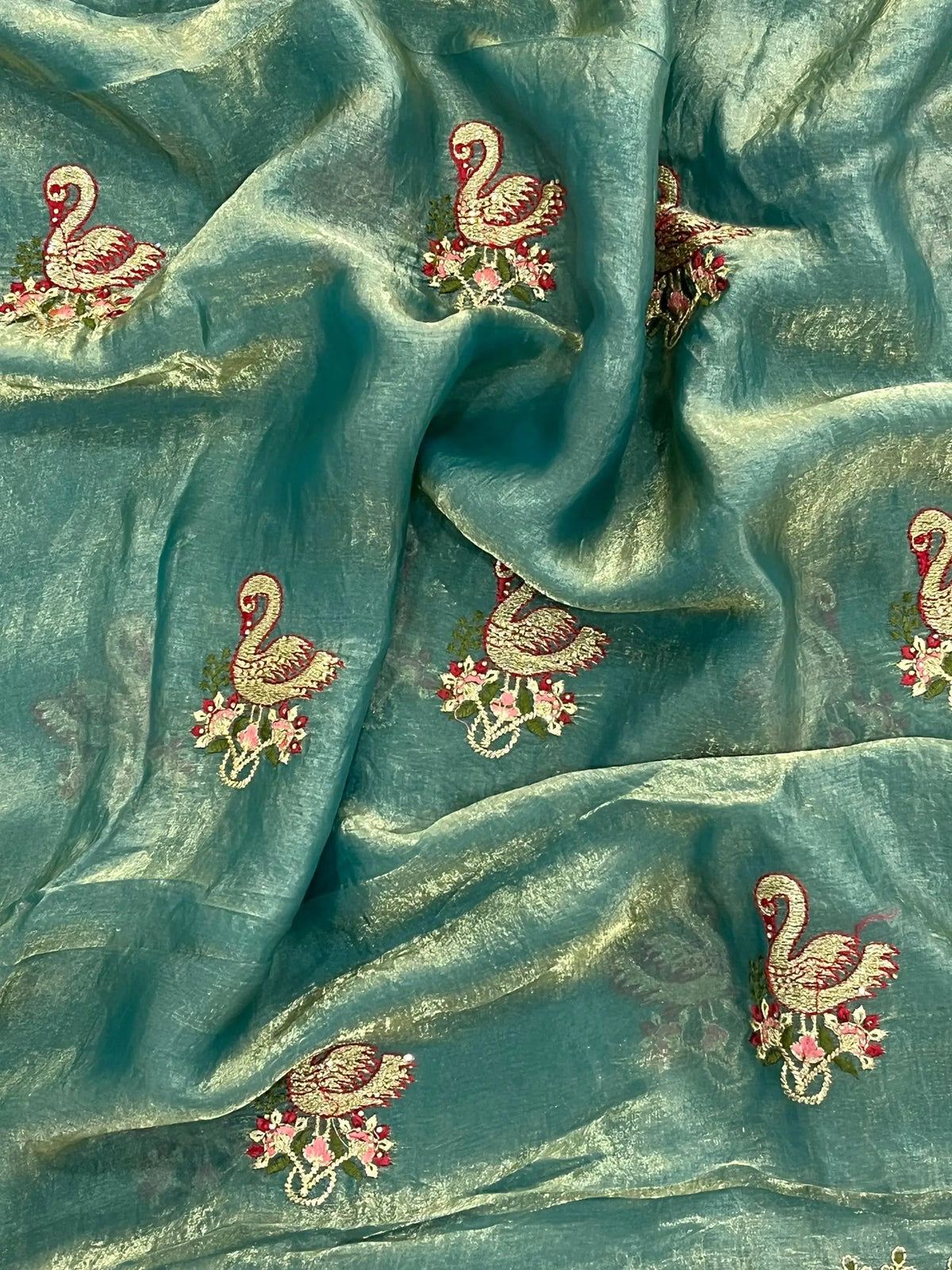 Royal Hans Swan Motif Fandy Satin Silk Saree with Zari Thread, Multi-Color Embroidery & Siroshki Diamond Work