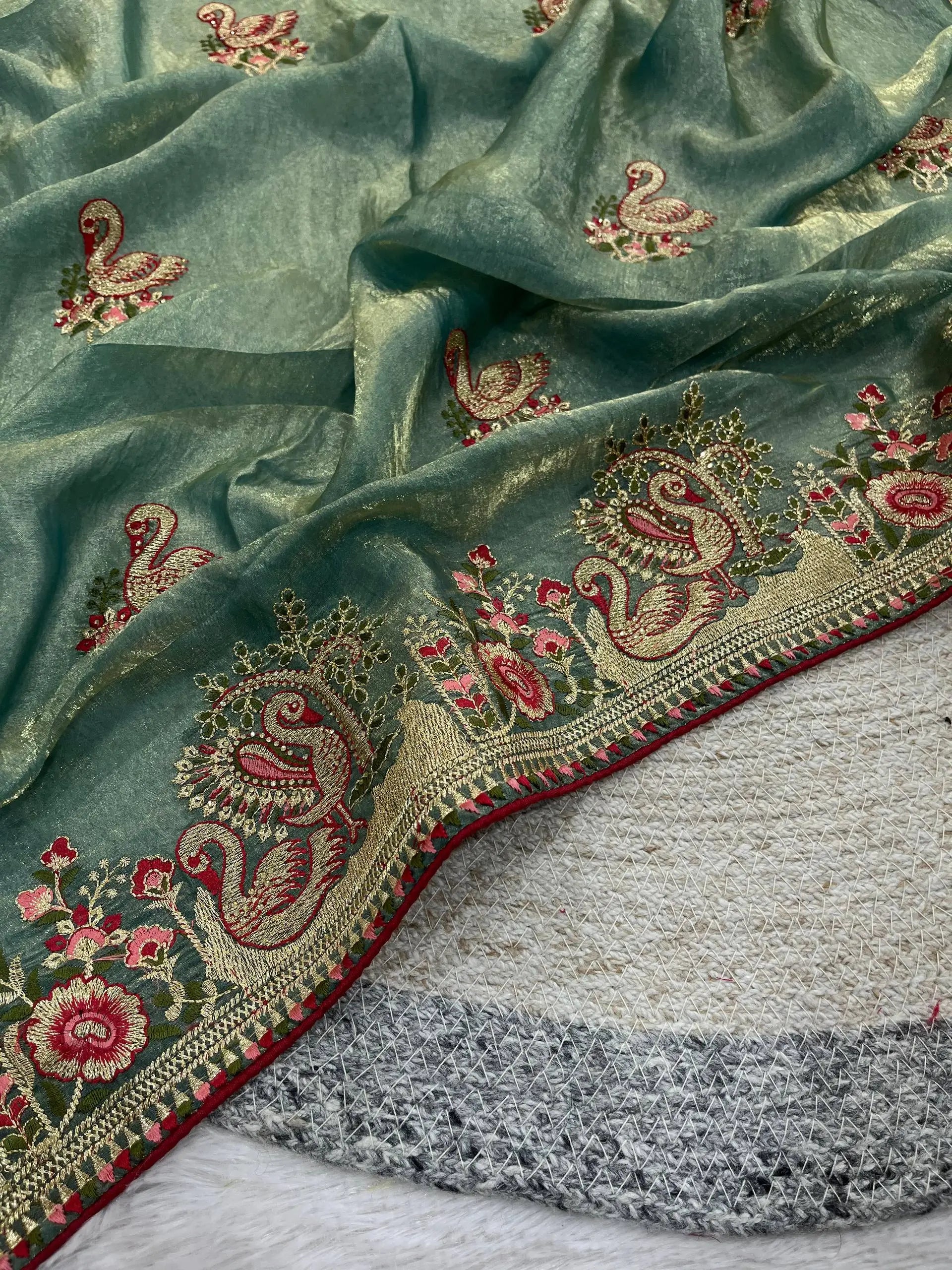 Royal Hans Swan Motif Fandy Satin Silk Saree with Zari Thread, Multi-Color Embroidery & Siroshki Diamond Work