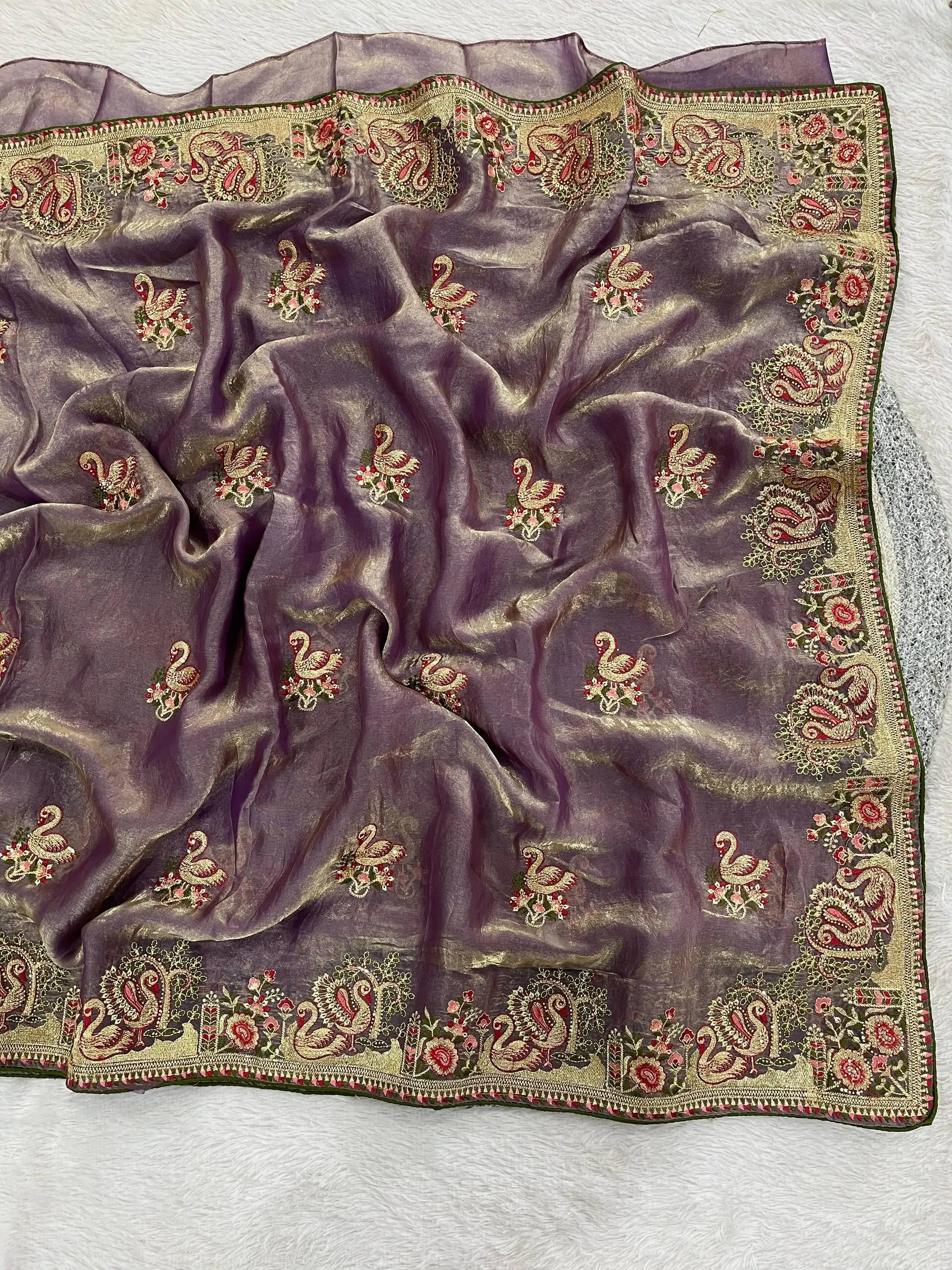 Royal Hans Swan Motif Fandy Satin Silk Saree with Zari Thread, Multi-Color Embroidery & Siroshki Diamond Work
