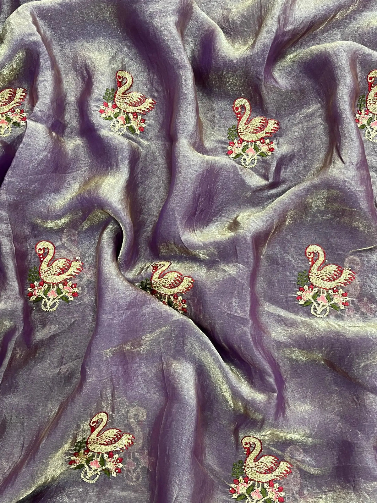 Royal Hans Swan Motif Fandy Satin Silk Saree with Zari Thread, Multi-Color Embroidery & Siroshki Diamond Work
