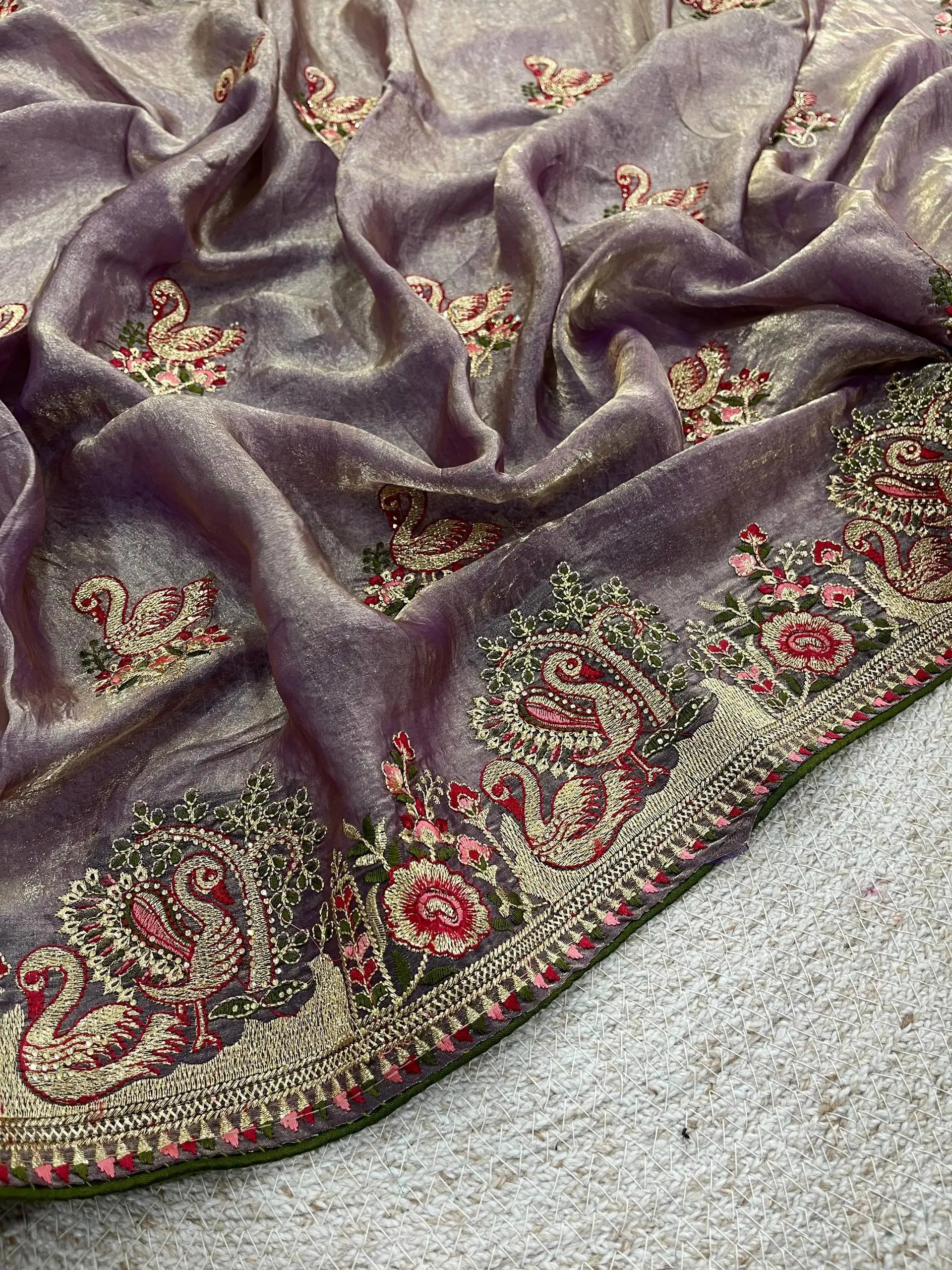 Royal Hans Swan Motif Fandy Satin Silk Saree with Zari Thread, Multi-Color Embroidery & Siroshki Diamond Work