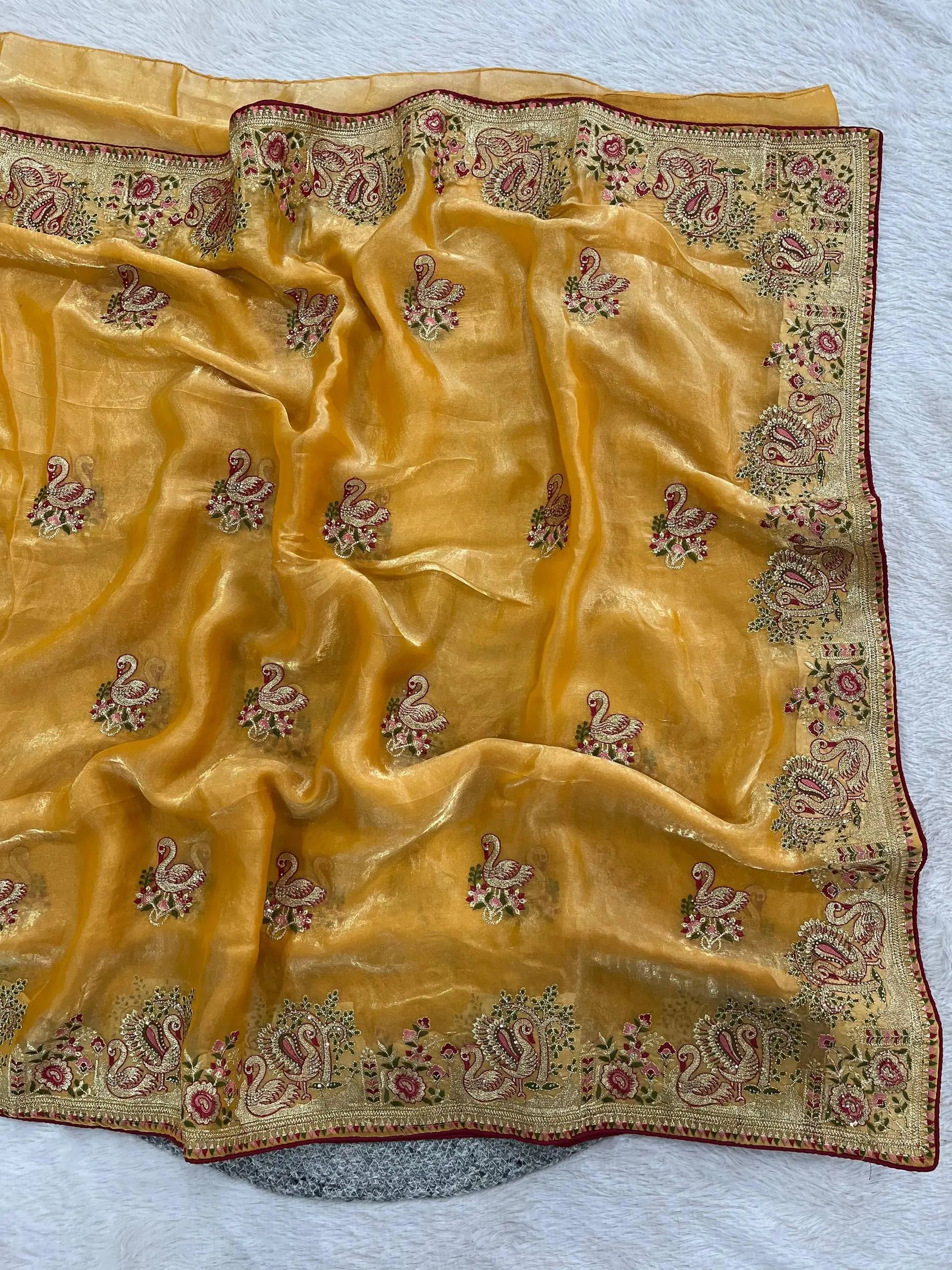 Royal Hans Swan Motif Fandy Satin Silk Saree with Zari Thread, Multi-Color Embroidery & Siroshki Diamond Work
