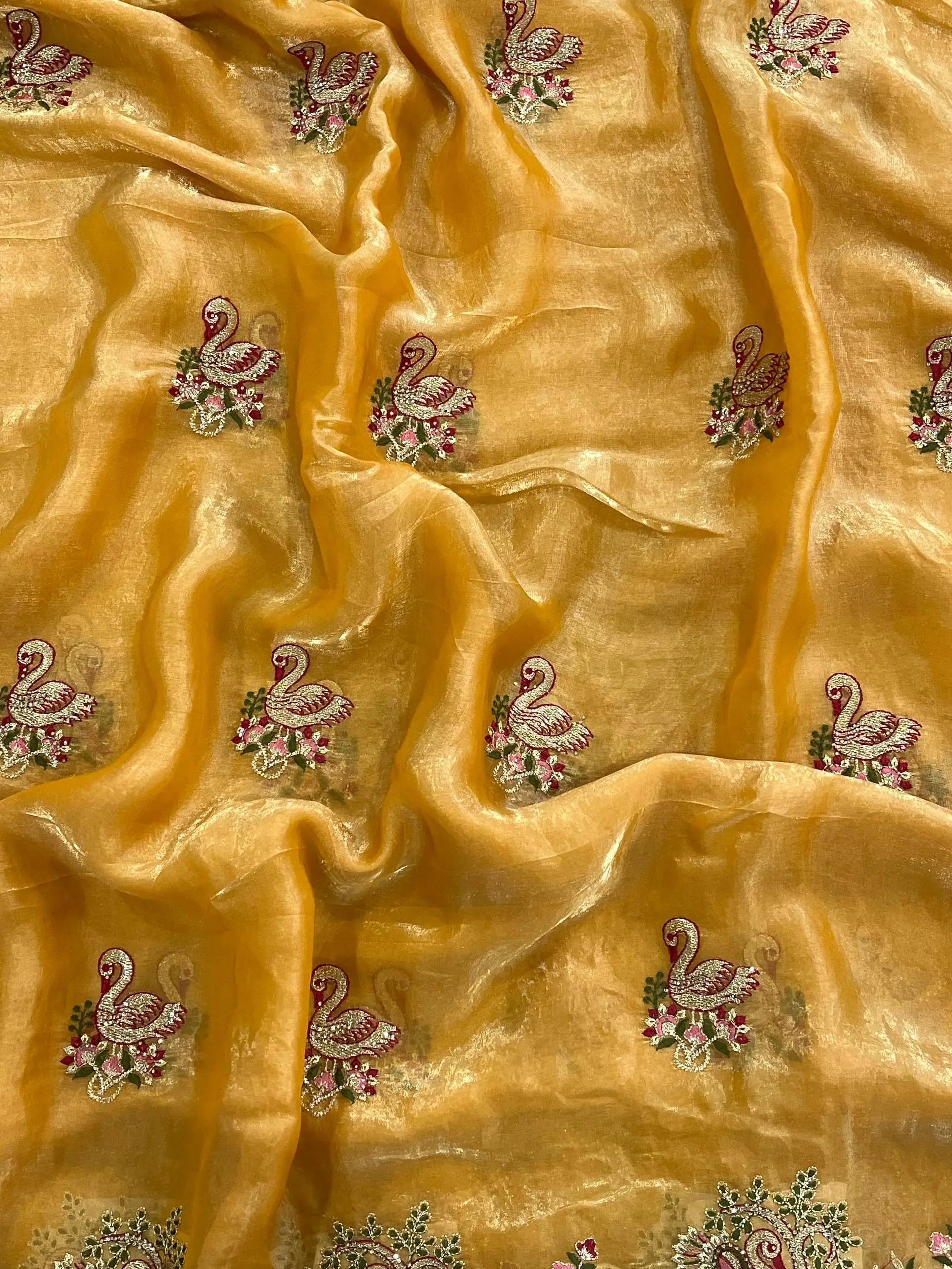 Royal Hans Swan Motif Fandy Satin Silk Saree with Zari Thread, Multi-Color Embroidery & Siroshki Diamond Work
