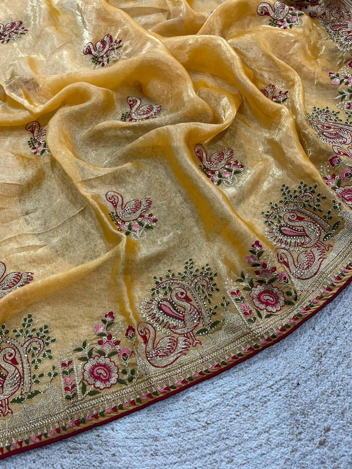 Royal Hans Swan Motif Fandy Satin Silk Saree with Zari Thread, Multi-Color Embroidery & Siroshki Diamond Work