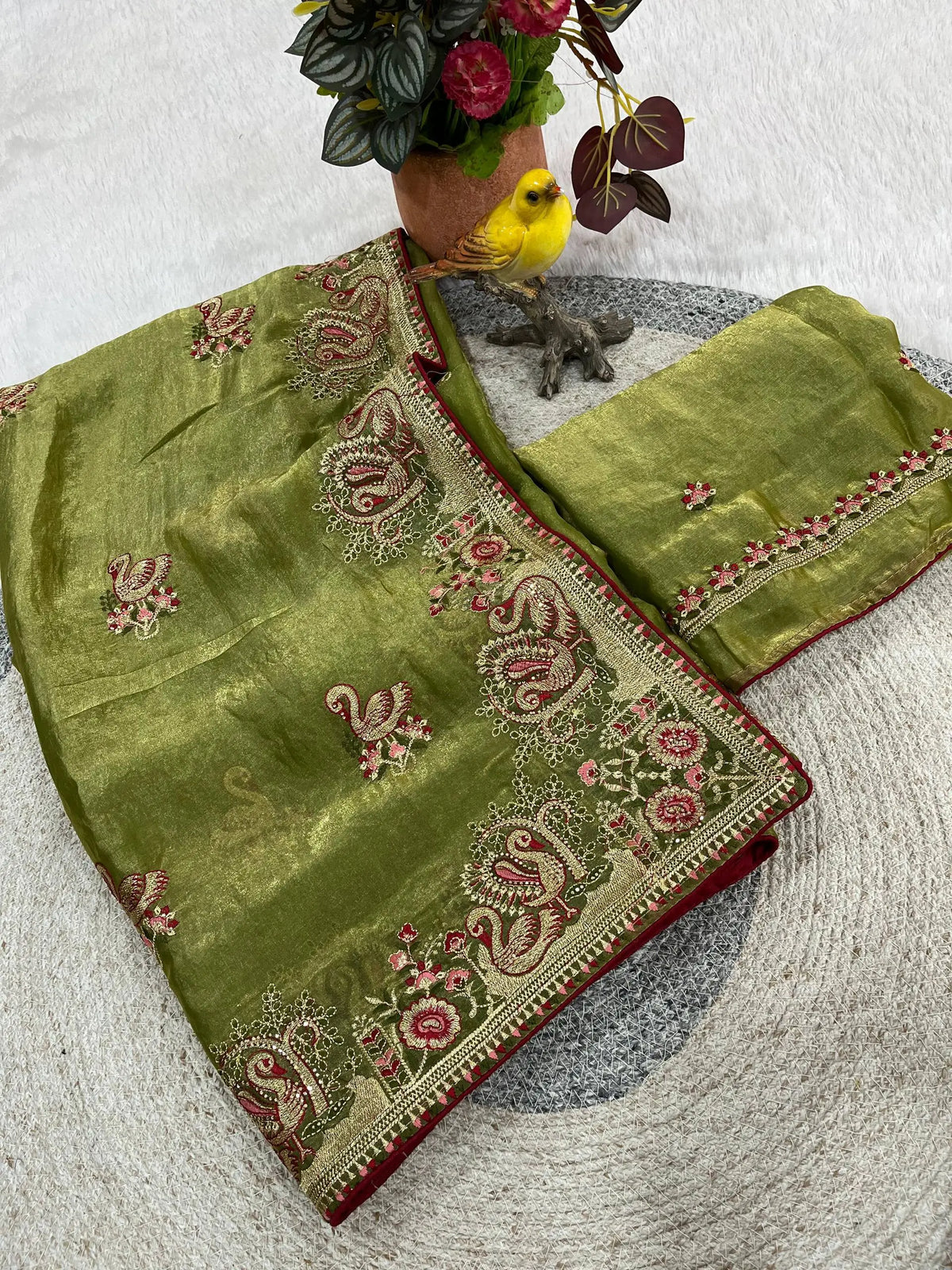 Royal Hans Swan Motif Fandy Satin Silk Saree with Zari Thread, Multi-Color Embroidery & Siroshki Diamond Work
