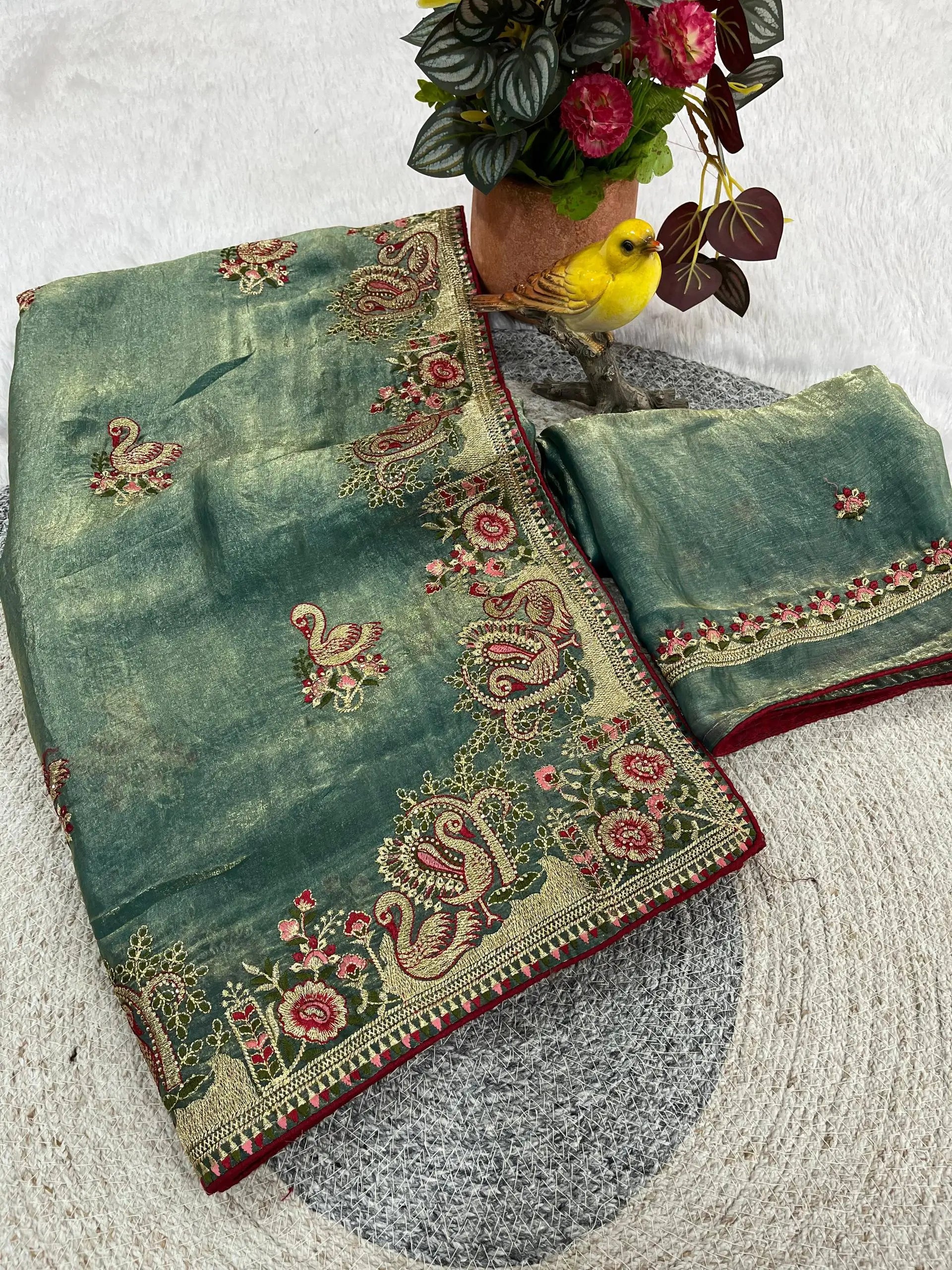 Royal Hans Swan Motif Fandy Satin Silk Saree with Zari Thread, Multi-Color Embroidery & Siroshki Diamond Work