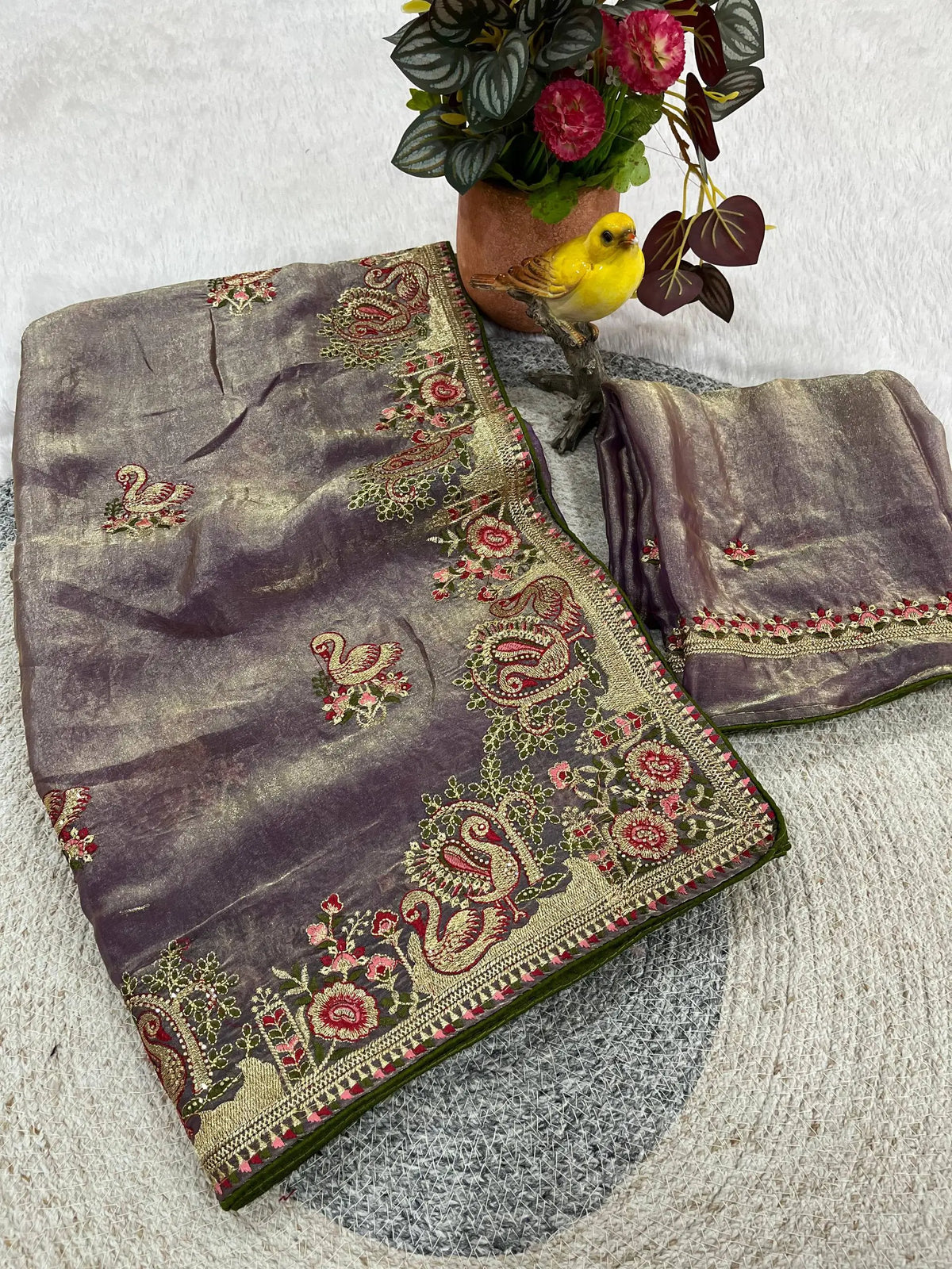 Royal Hans Swan Motif Fandy Satin Silk Saree with Zari Thread, Multi-Color Embroidery & Siroshki Diamond Work