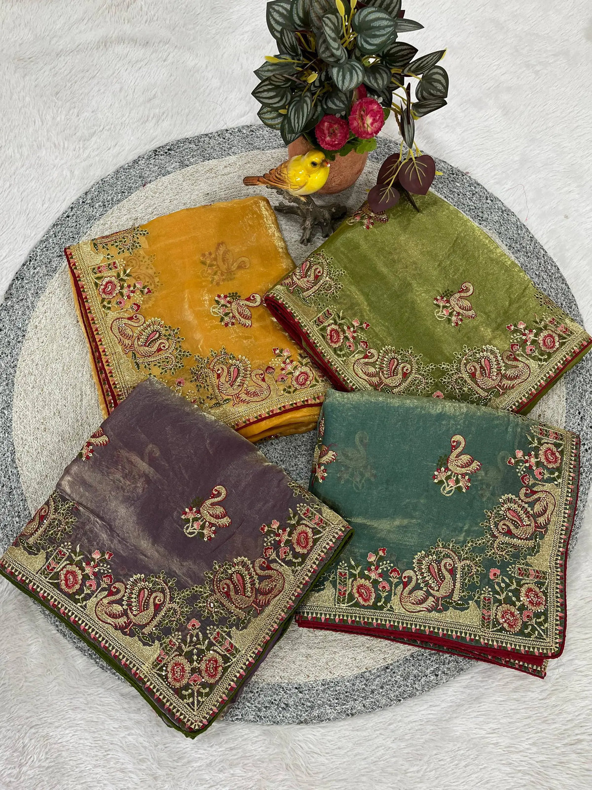 Royal Hans Swan Motif Fandy Satin Silk Saree with Zari Thread, Multi-Color Embroidery & Siroshki Diamond Work