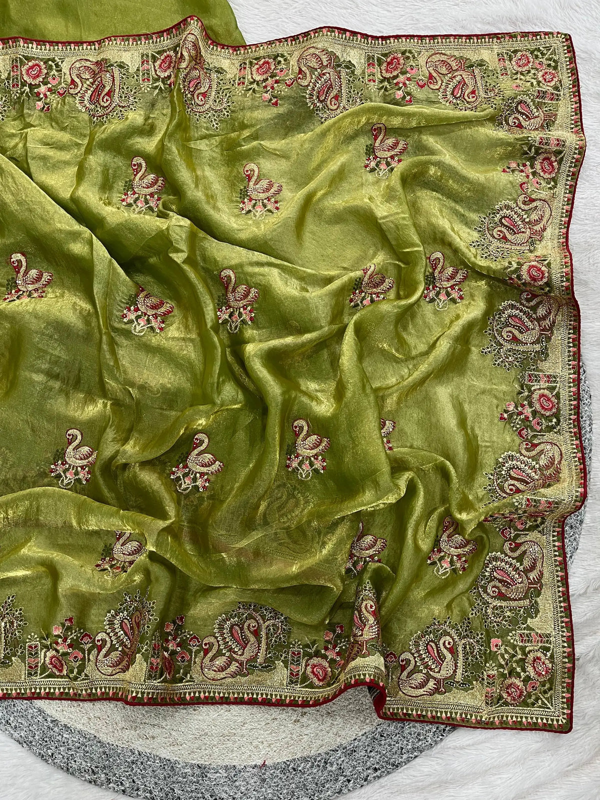 Royal Hans Swan Motif Fandy Satin Silk Saree with Zari Thread, Multi-Color Embroidery & Siroshki Diamond Work