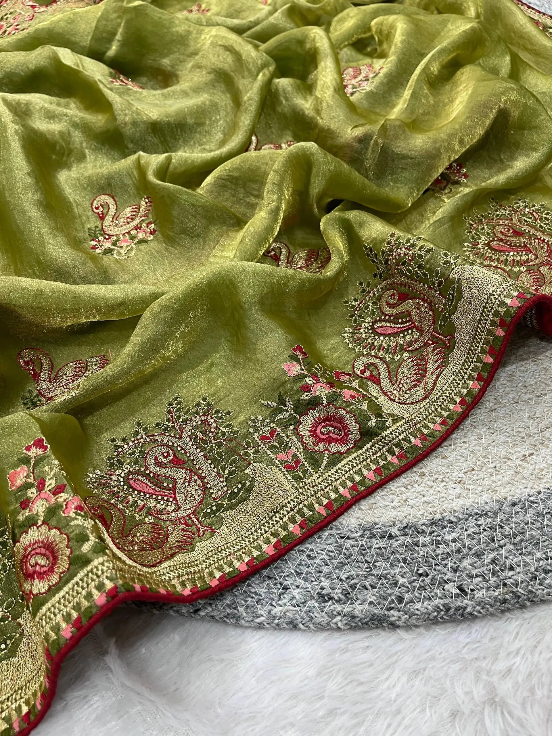 Royal Hans Swan Motif Fandy Satin Silk Saree with Zari Thread, Multi-Color Embroidery & Siroshki Diamond Work